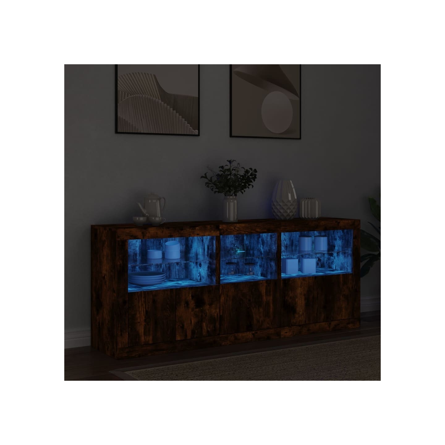 Buffet avec lumières LED chêne fumé 162x37x67 cm
