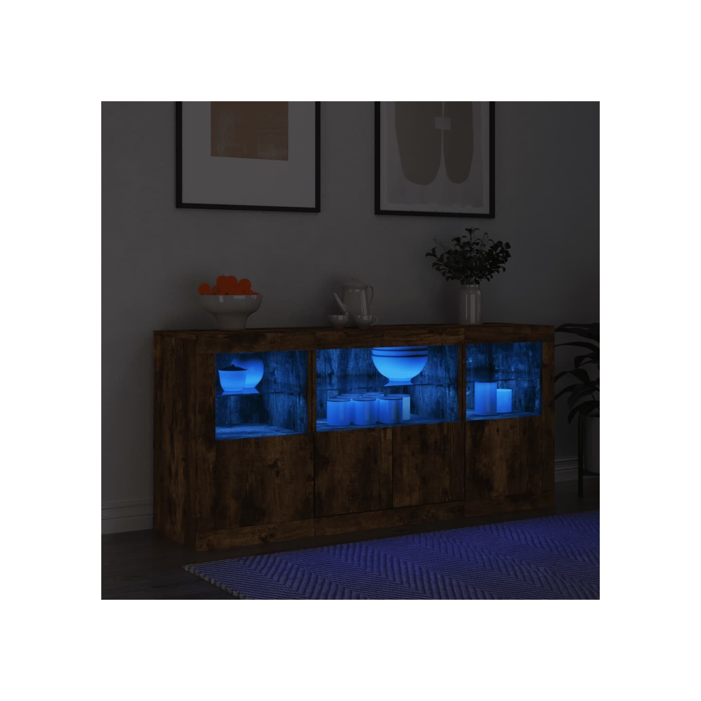 Buffet avec lumières LED chêne fumé 142,5x37x67 cm