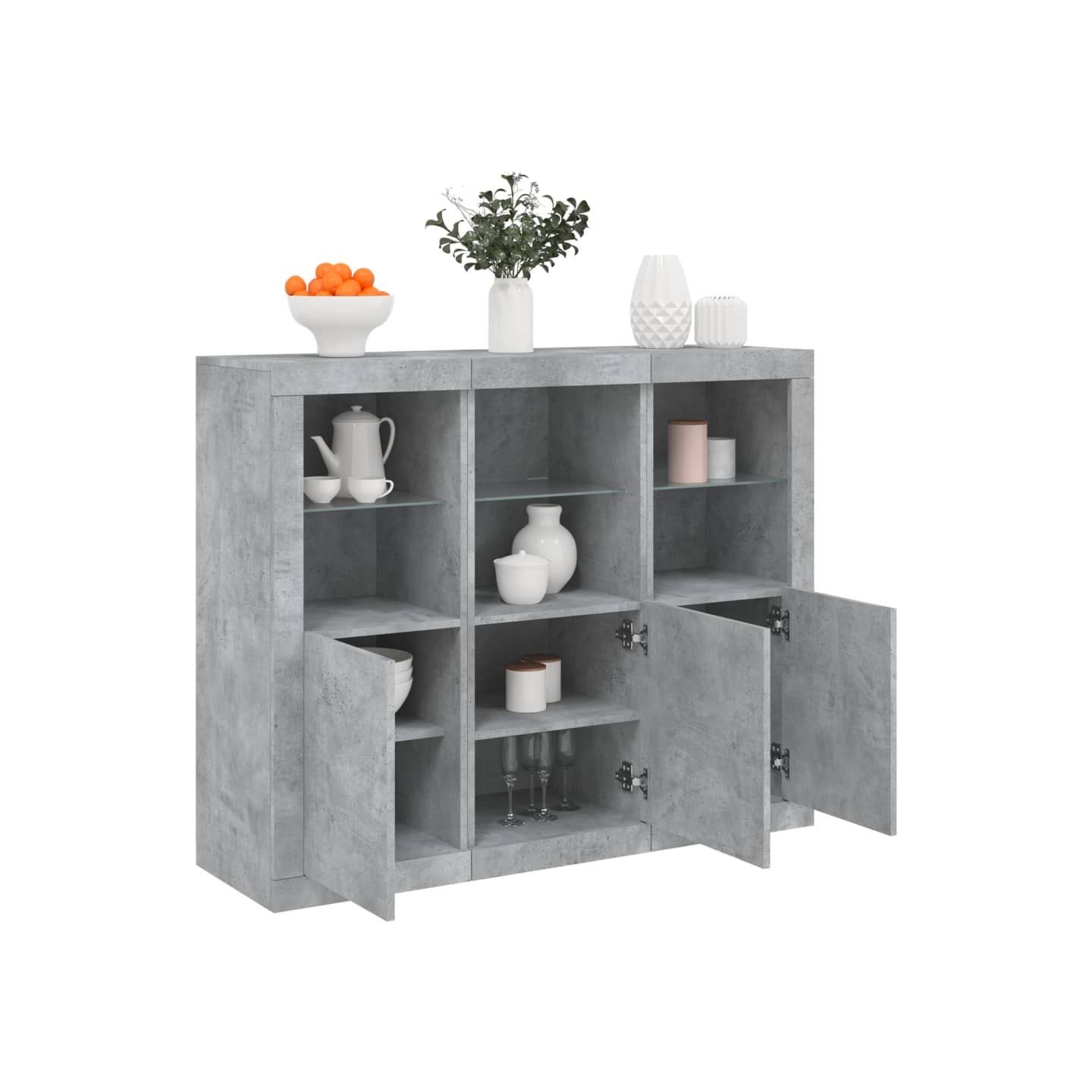 Buffets avec lumières LED 3 pcs gris béton bois d'ingénierie