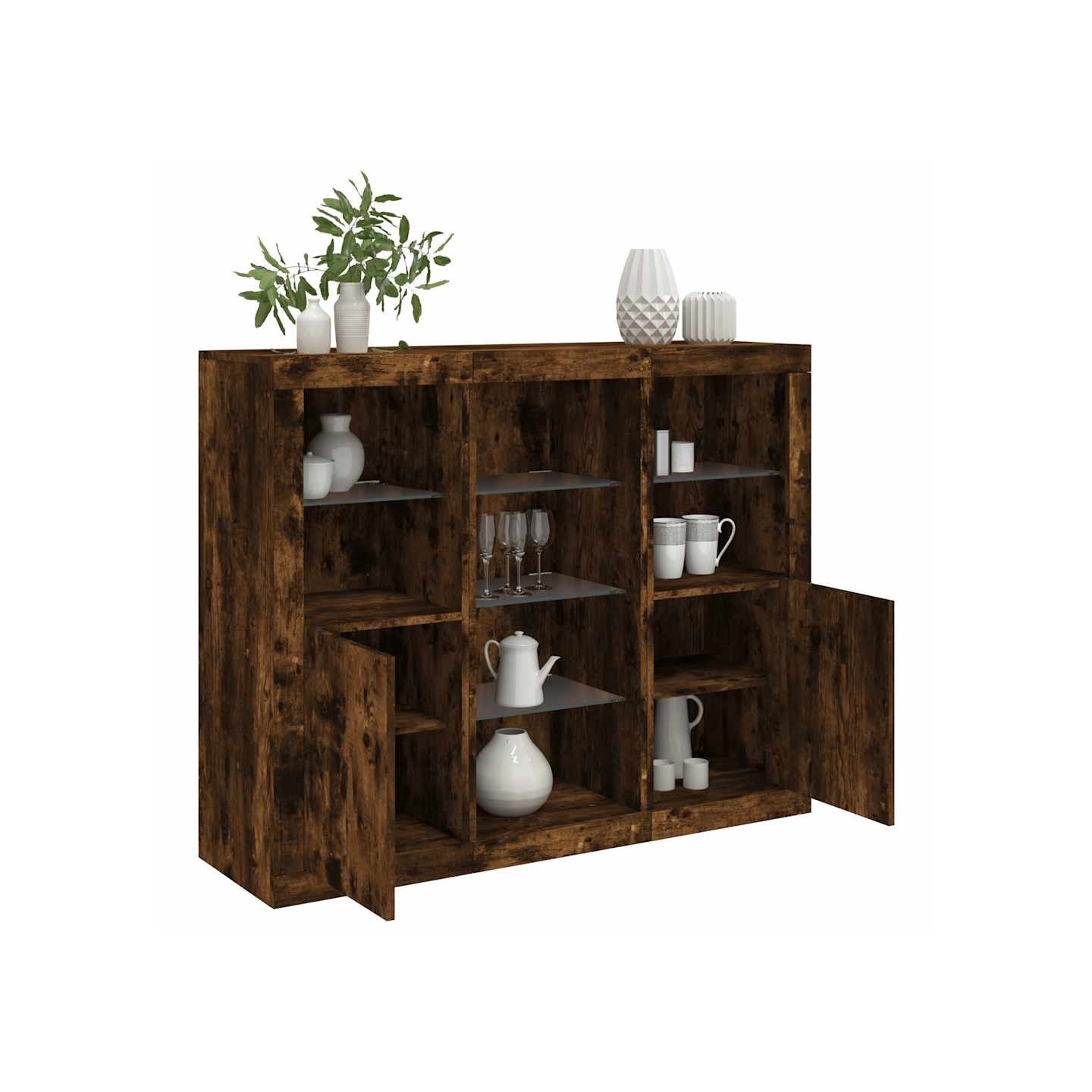 Buffets avec lumières LED 3 pcs chêne fumé bois d'ingénierie