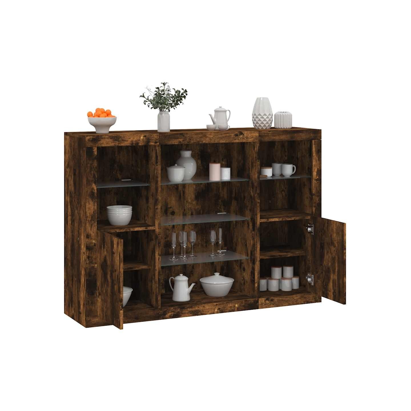 Buffets avec lumières LED 3 pcs chêne fumé bois d'ingénierie