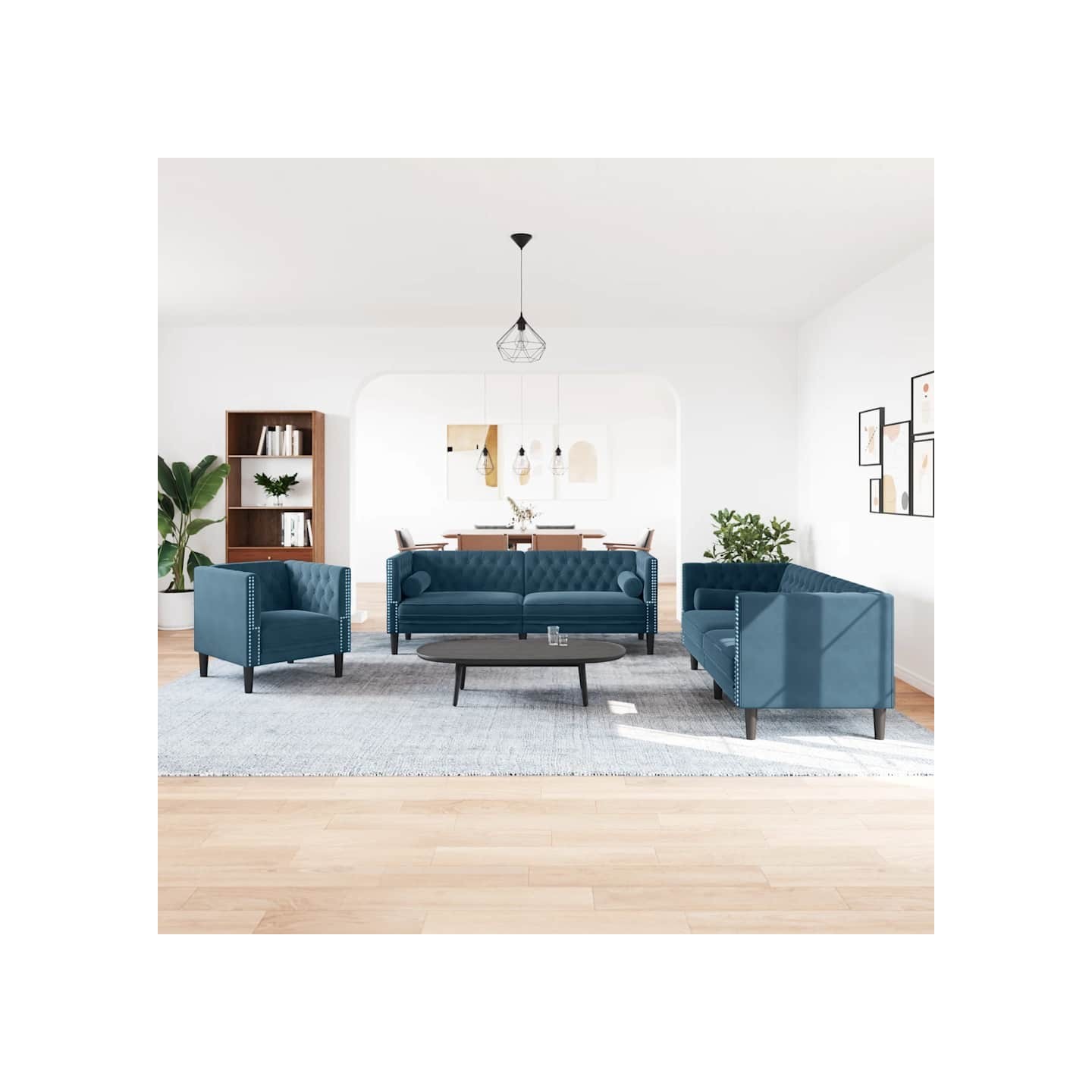 Ensemble de canapé Chesterfield et traversins 3pcs bleu velours