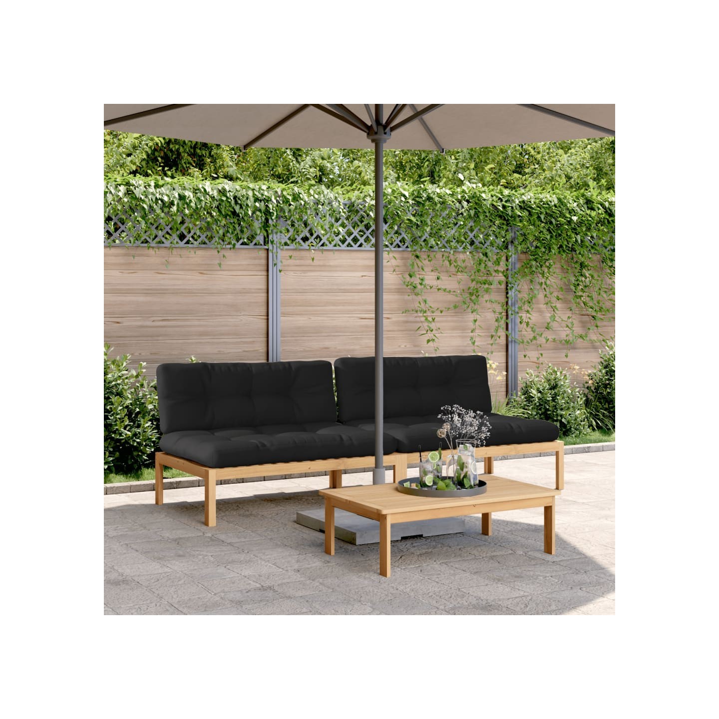 Canapés centraux palette de jardin 2pcs et coussins bois acacia