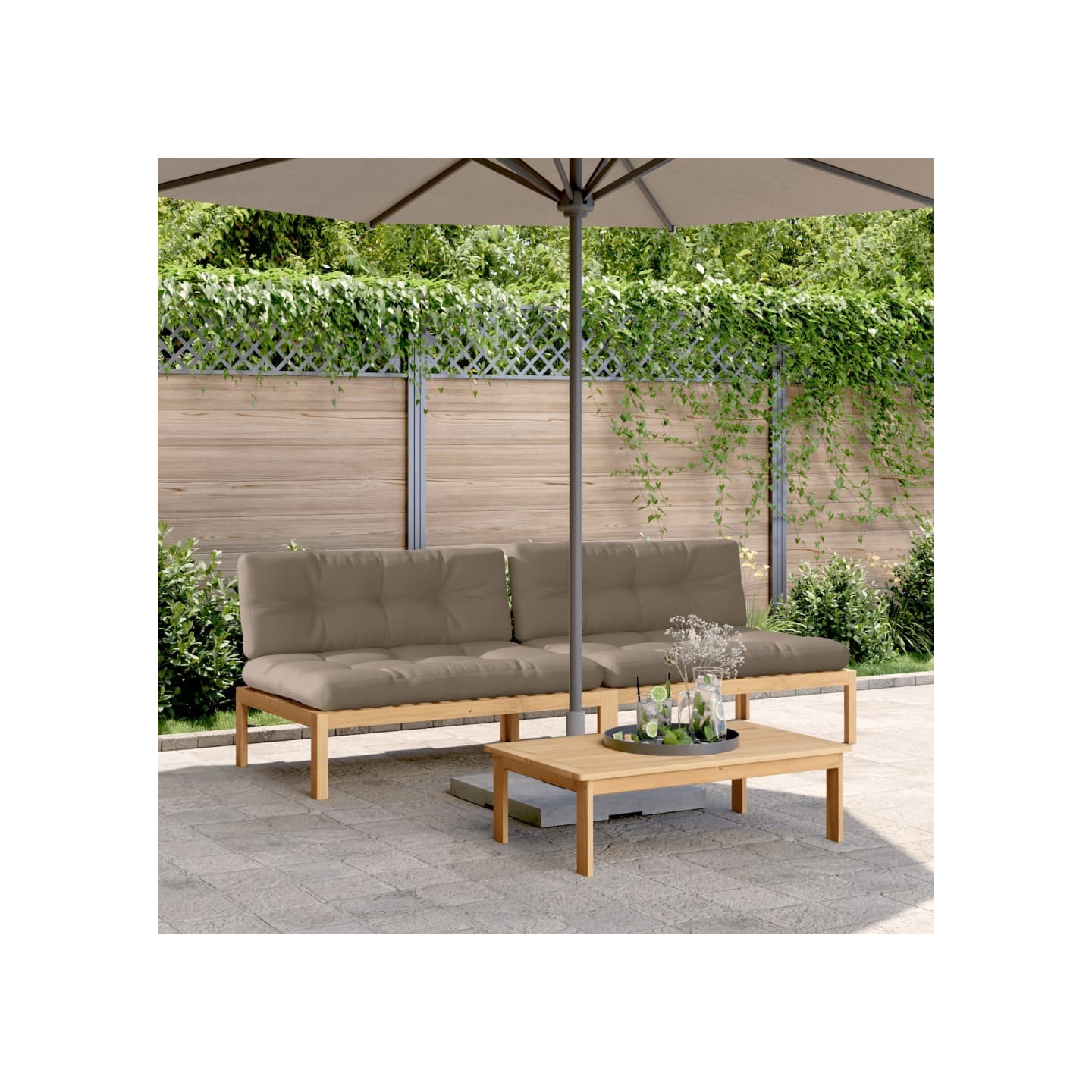 Canapés centraux palette de jardin 2pcs et coussins bois acacia