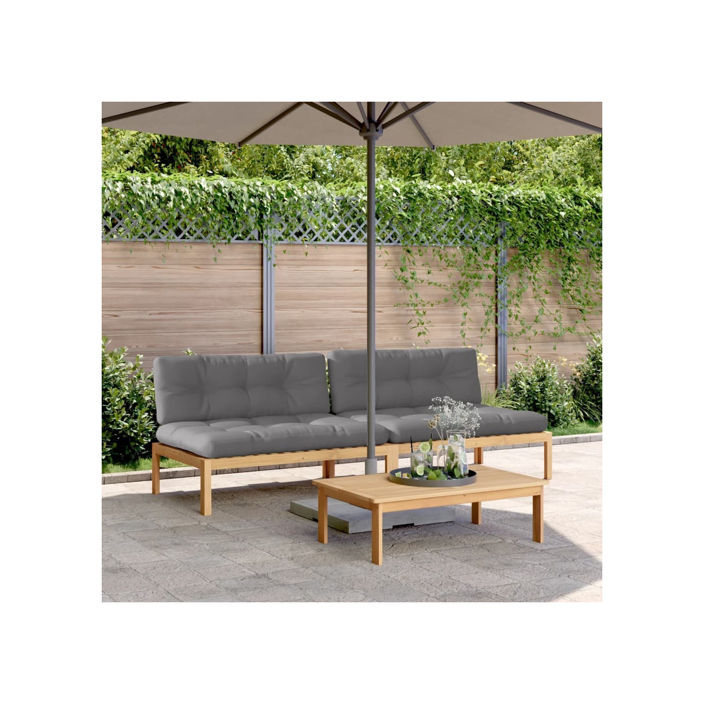 Canapés centraux palette de jardin 2pcs et coussins bois acacia