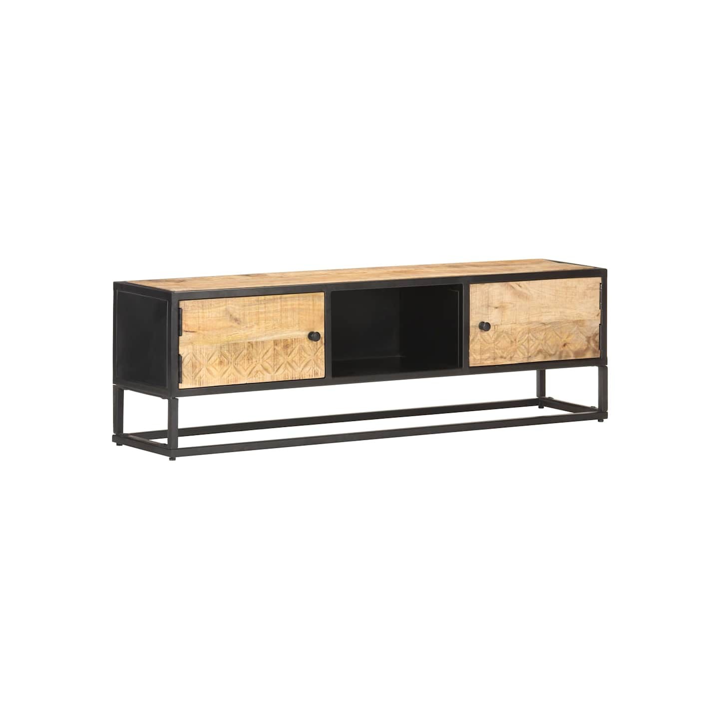 Meuble TV avec porte sculptée 130x30x40cm Bois de manguier brut