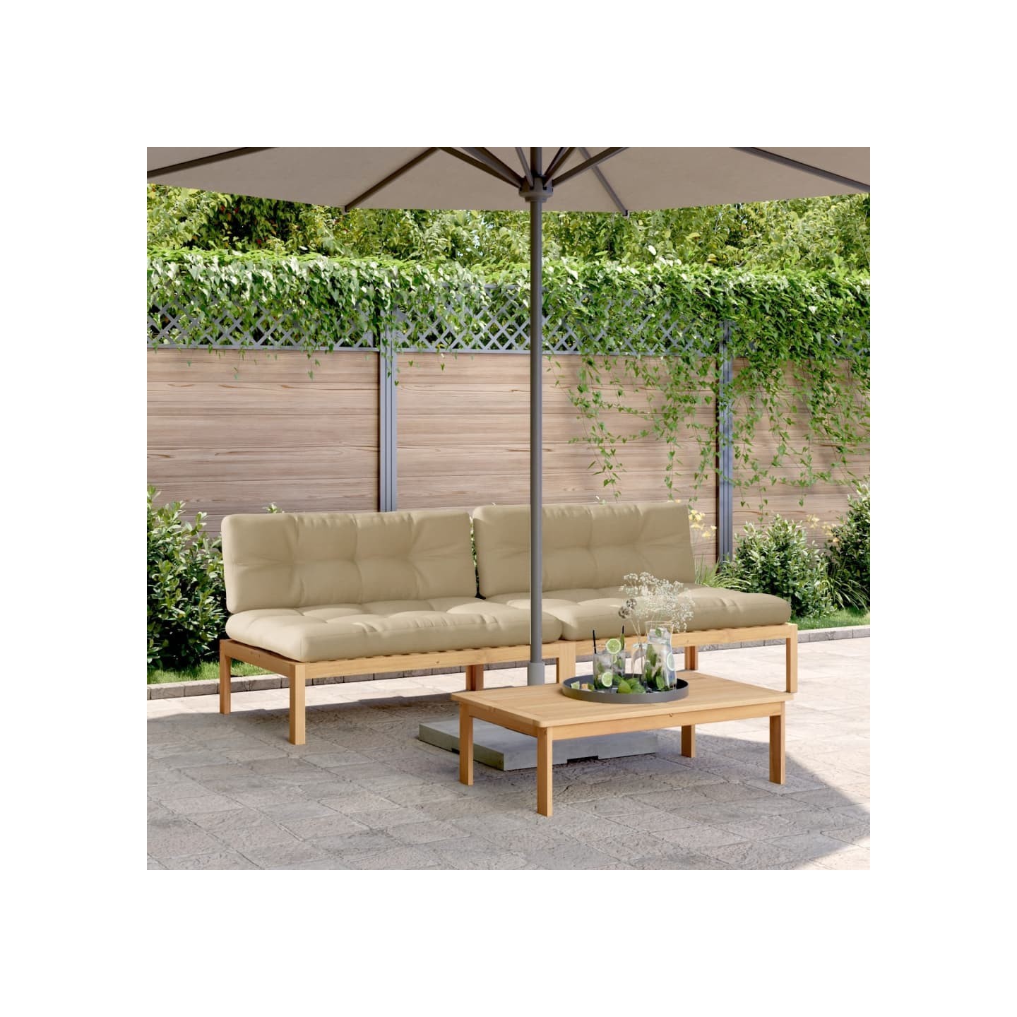 Canapés centraux palette de jardin 2pcs et coussins bois acacia