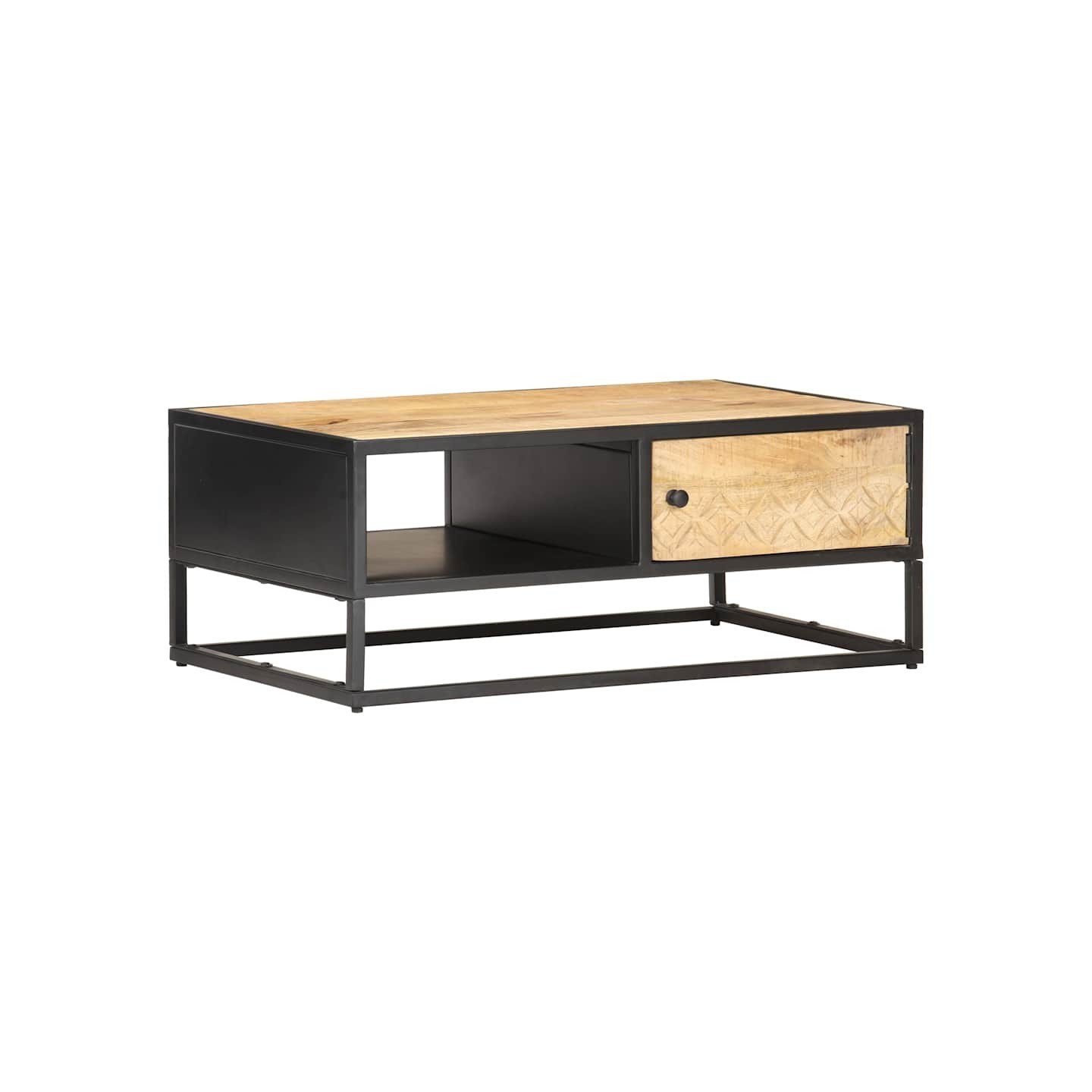 Table basse à porte sculptée 90x55x36 cm Bois de manguier brut