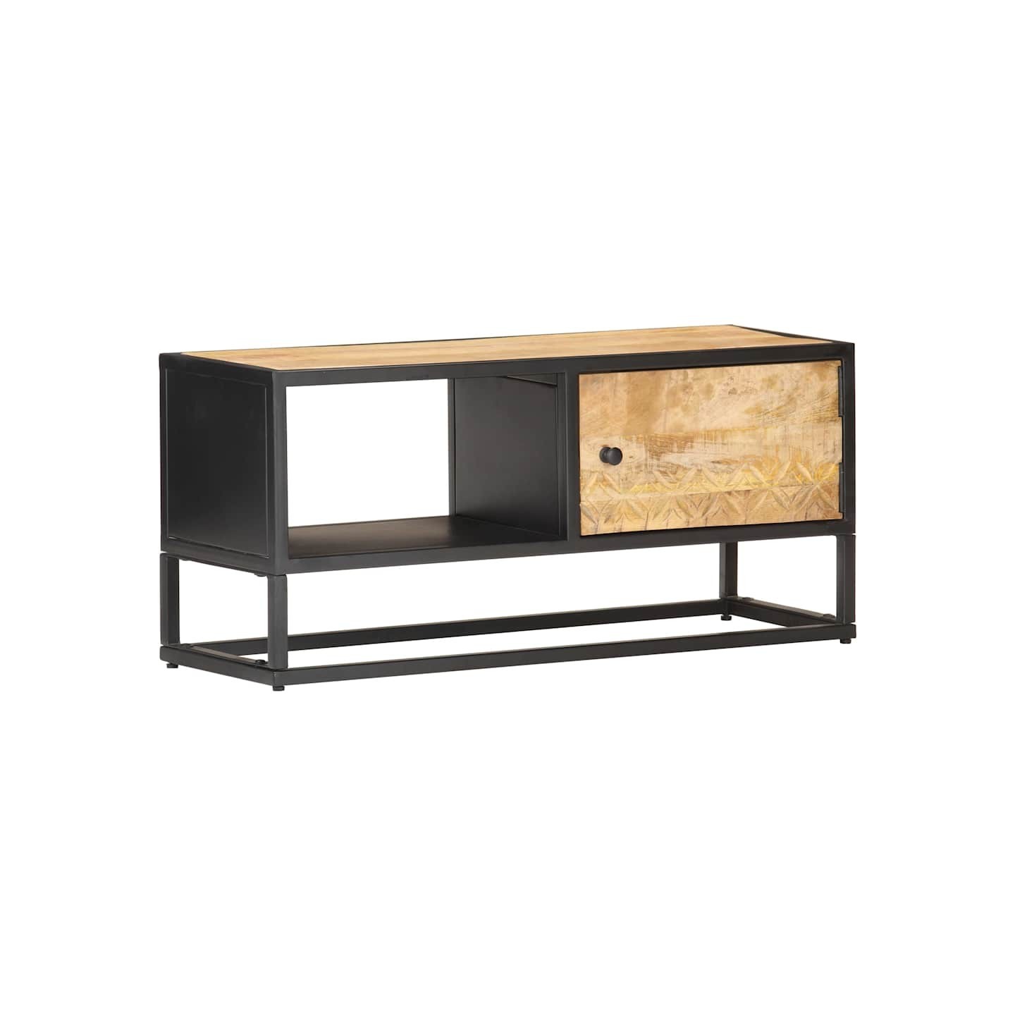 Meuble TV avec porte sculptée 90x30x40 cm Bois de manguier brut