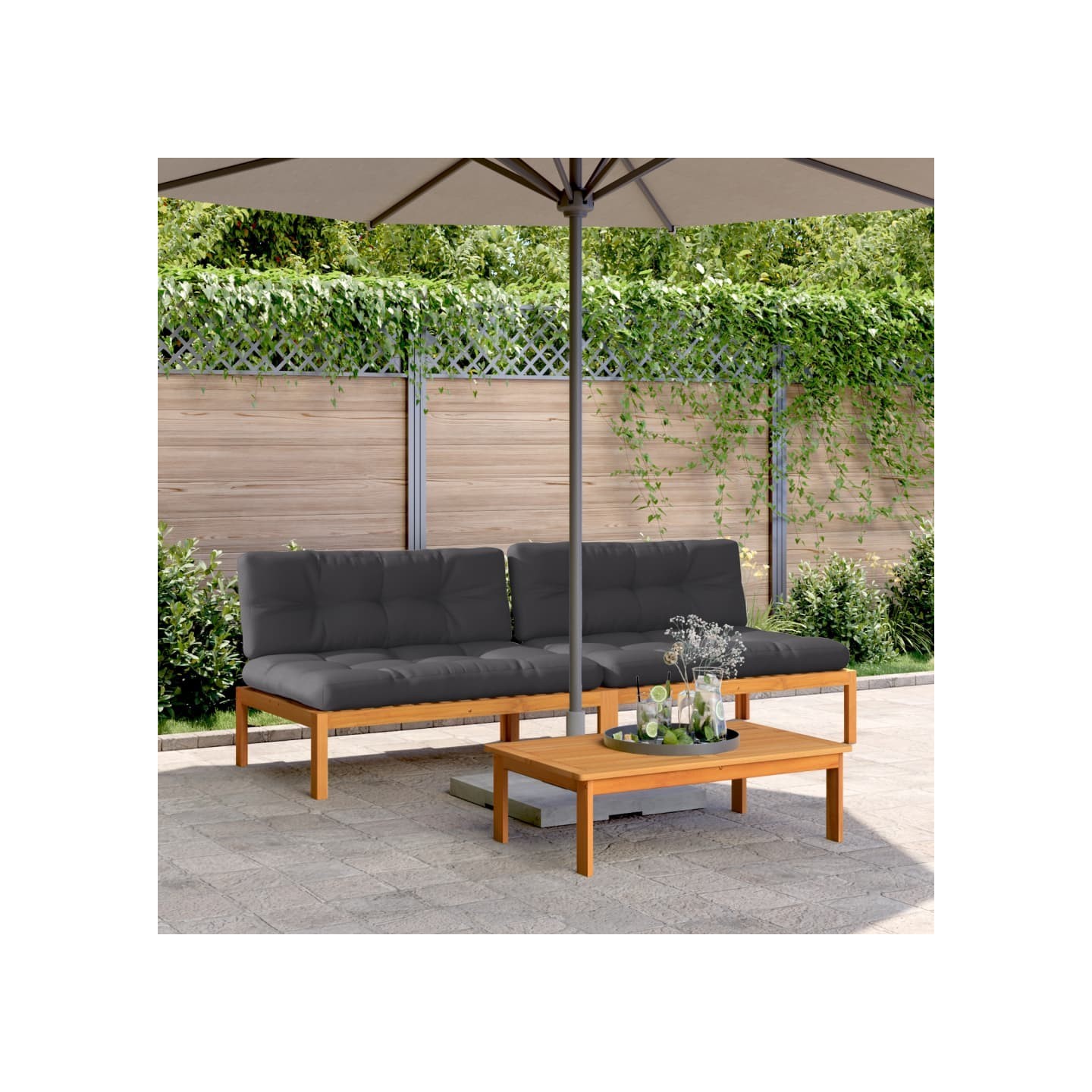 Canapés centraux palette de jardin et coussins 2pcs bois acacia