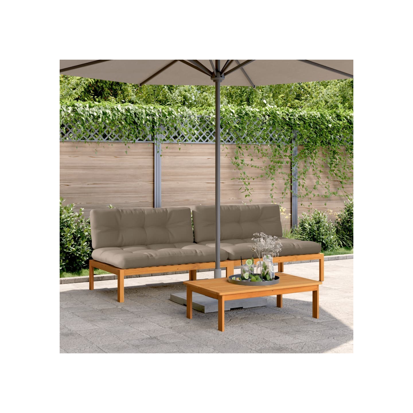 Canapés centraux palette de jardin et coussins 2pcs bois acacia