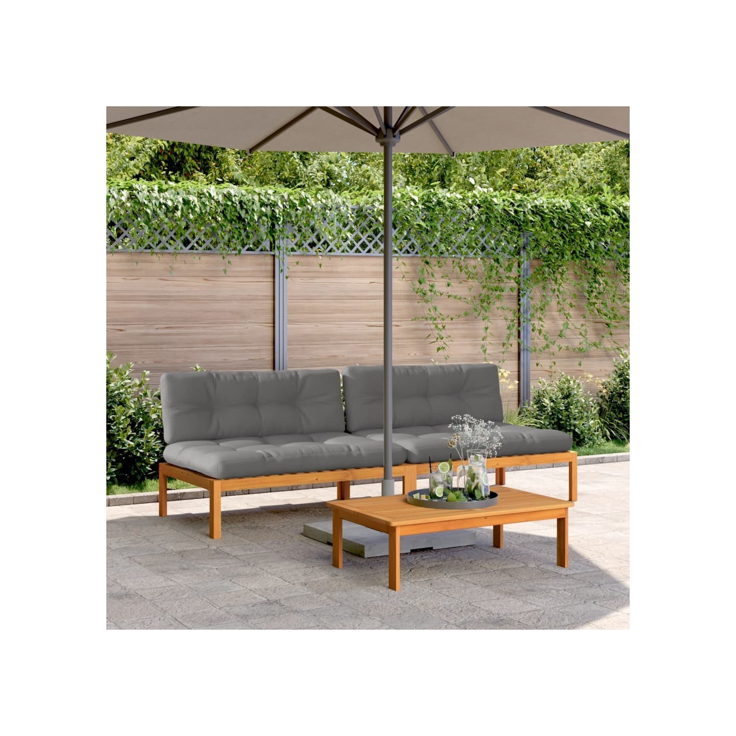 Canapés centraux palette de jardin et coussins 2pcs bois acacia