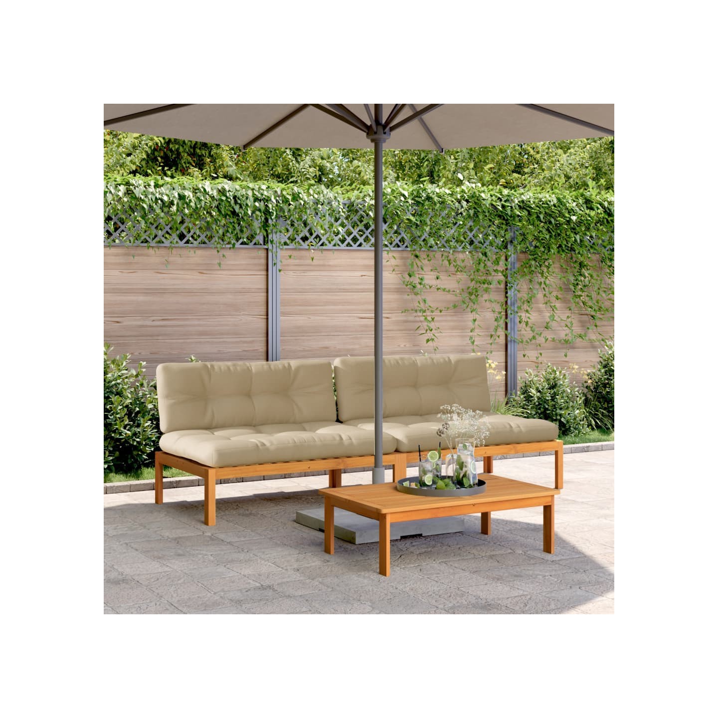 Canapés centraux palette de jardin et coussins 2pcs bois acacia