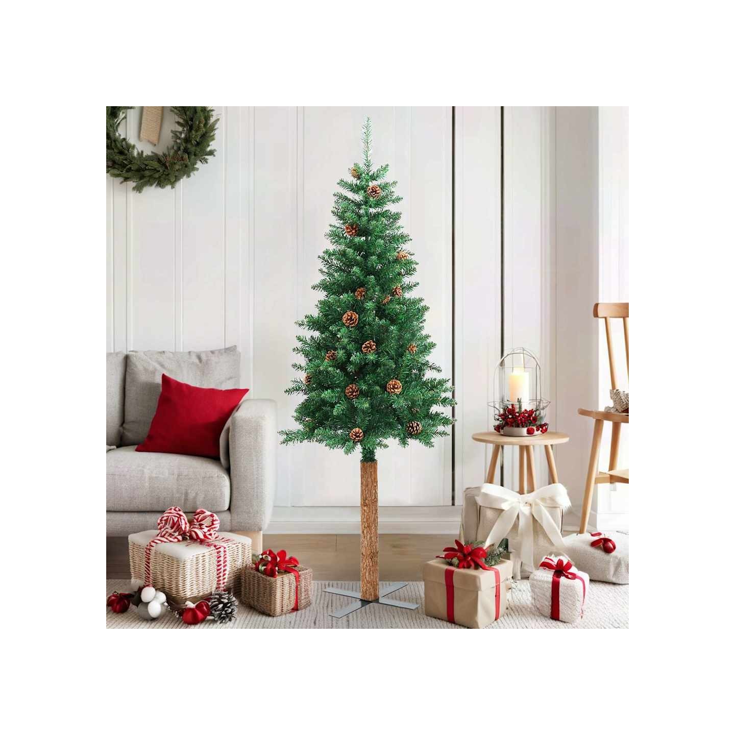 Sapin de Noël mince avec bois véritable et cônes vert 150cm PVC