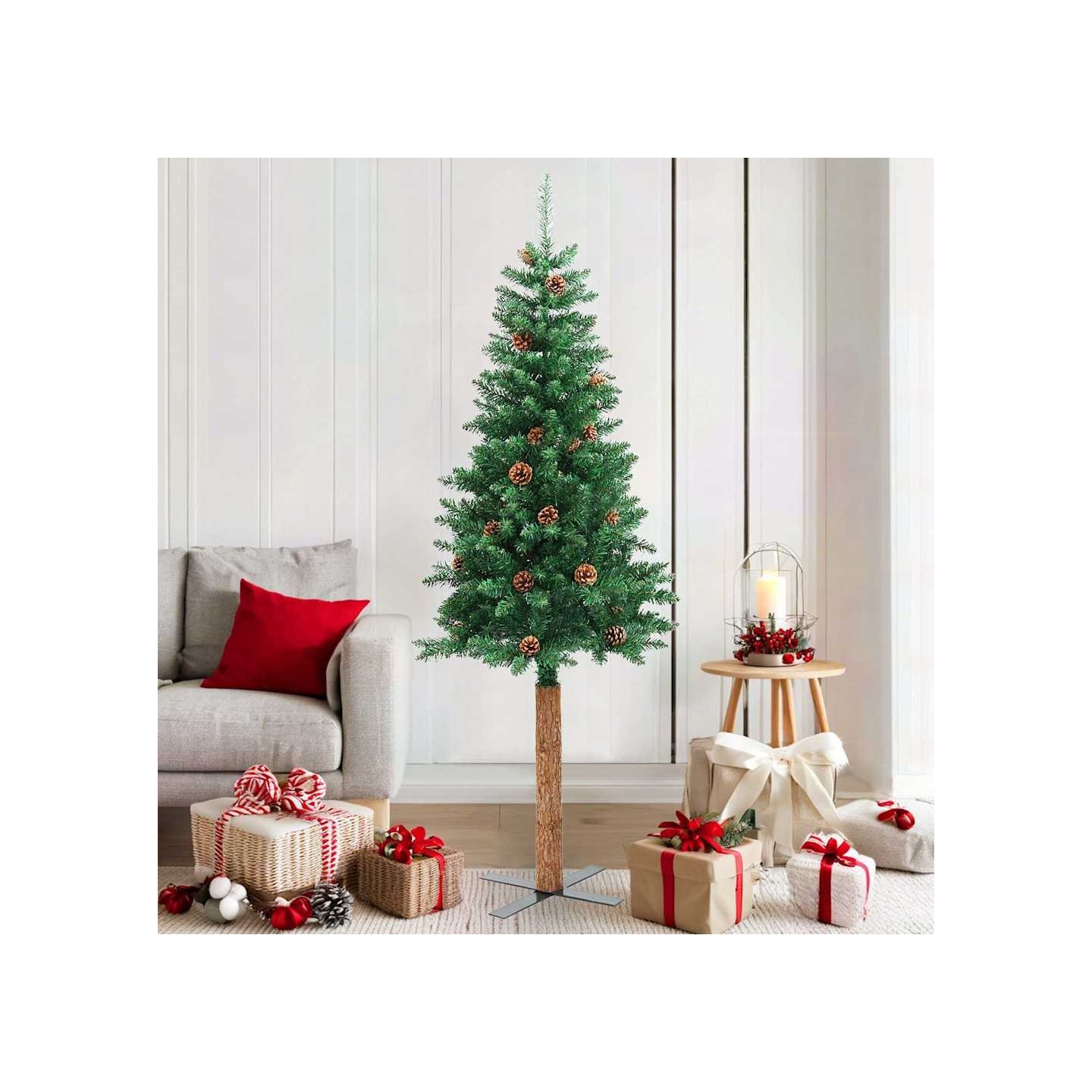 Sapin de Noël mince avec bois véritable et cônes vert 180cm PVC