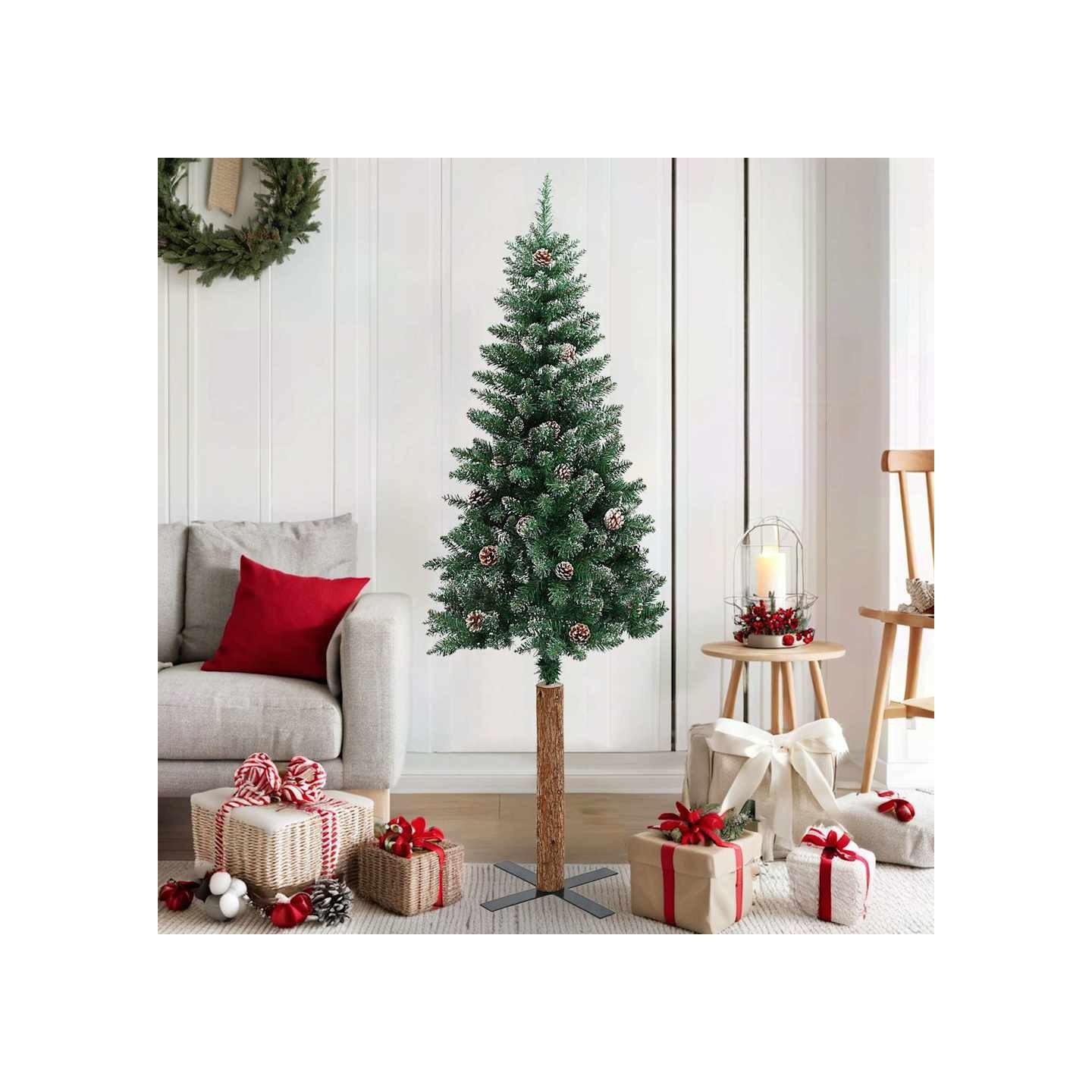 Sapin de Noël mince bois véritable et neige blanche vert 150 cm