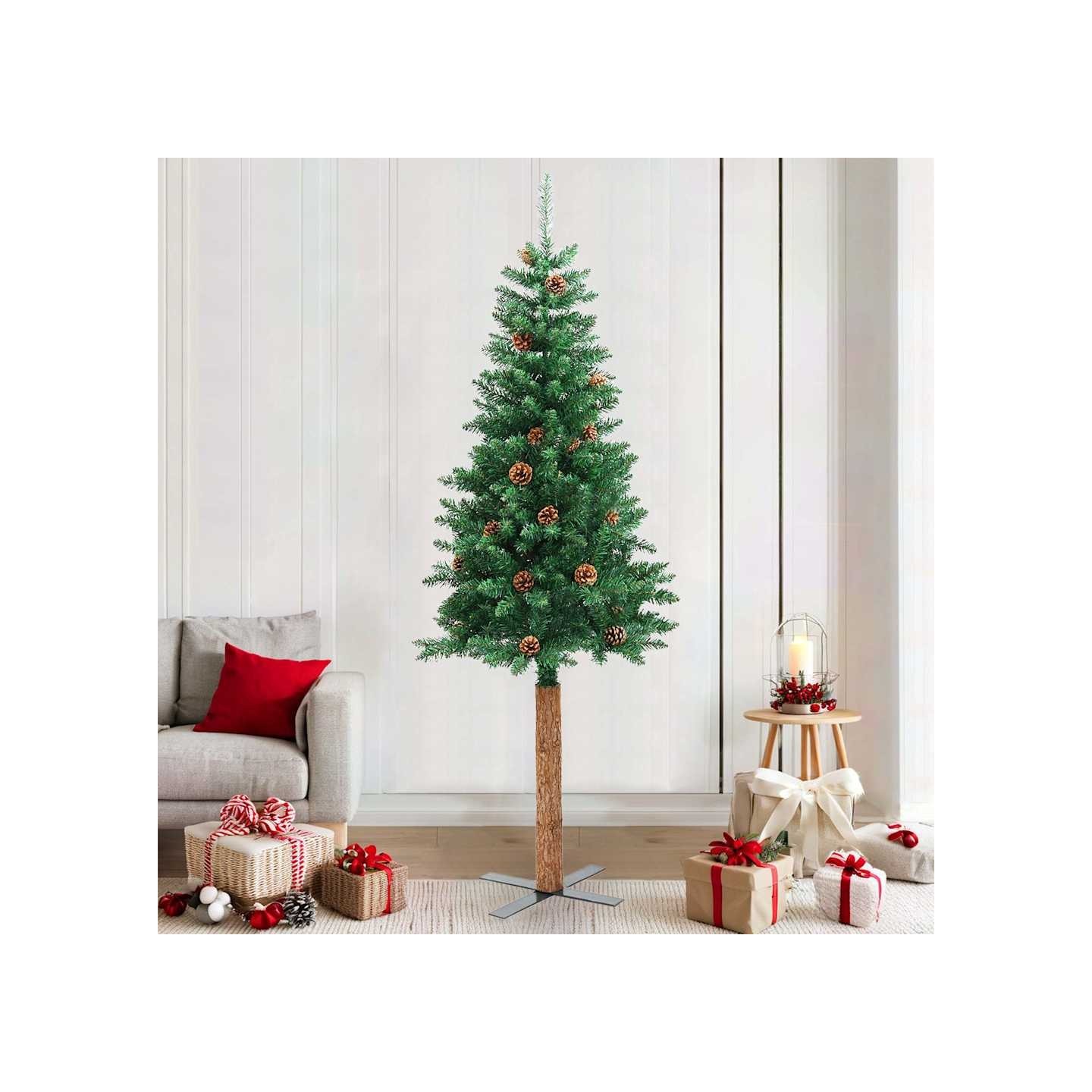 Sapin de Noël mince avec bois véritable et cônes vert 210cm PVC