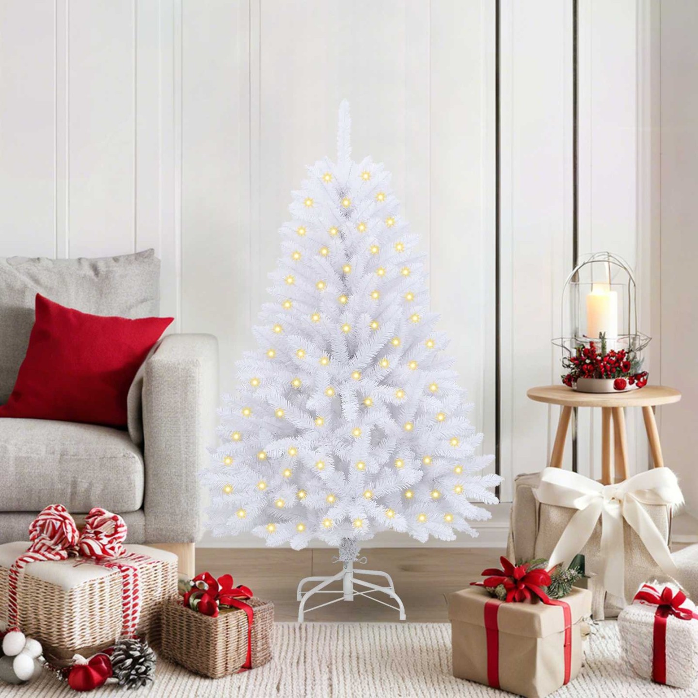 Sapin de Noël artificiel 150 LED PVC et Acier Blanc