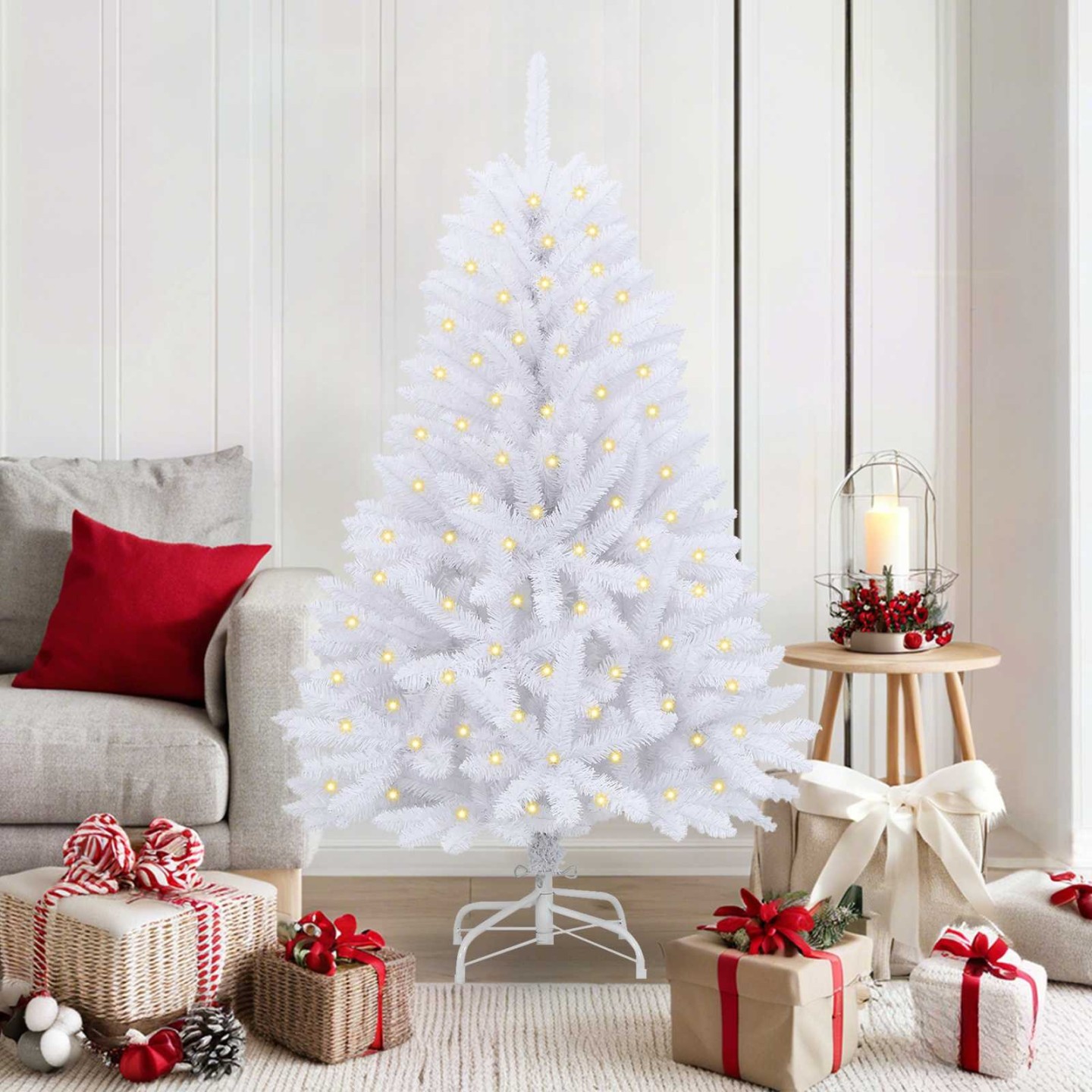 Sapin de Noël artificiel 150 LED PVC et Acier Blanc