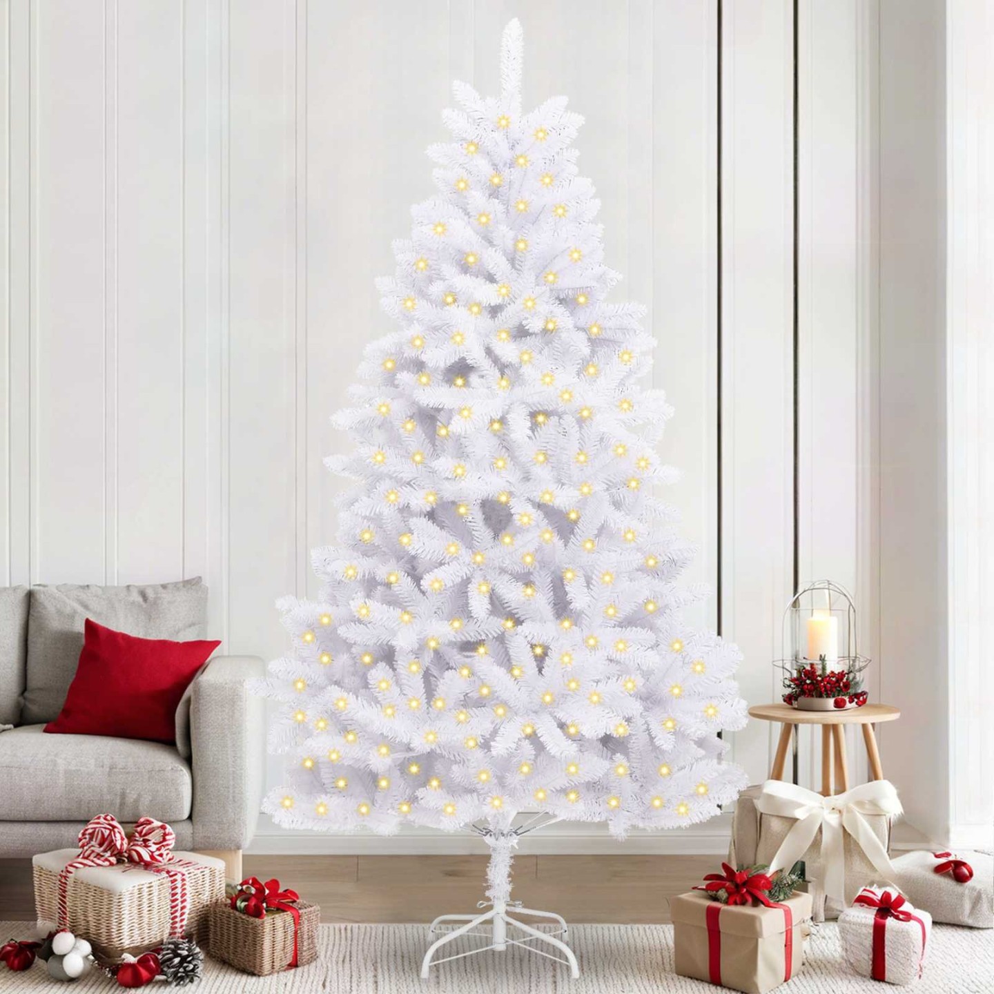 Sapin de Noël artificiel 300 LED PVC et Acier Blanc