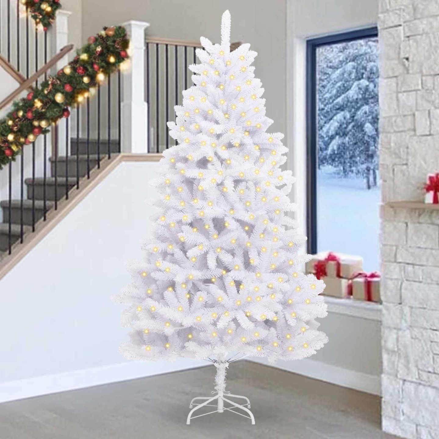 Sapin de Noël artificiel 300 LED PVC et Acier Blanc
