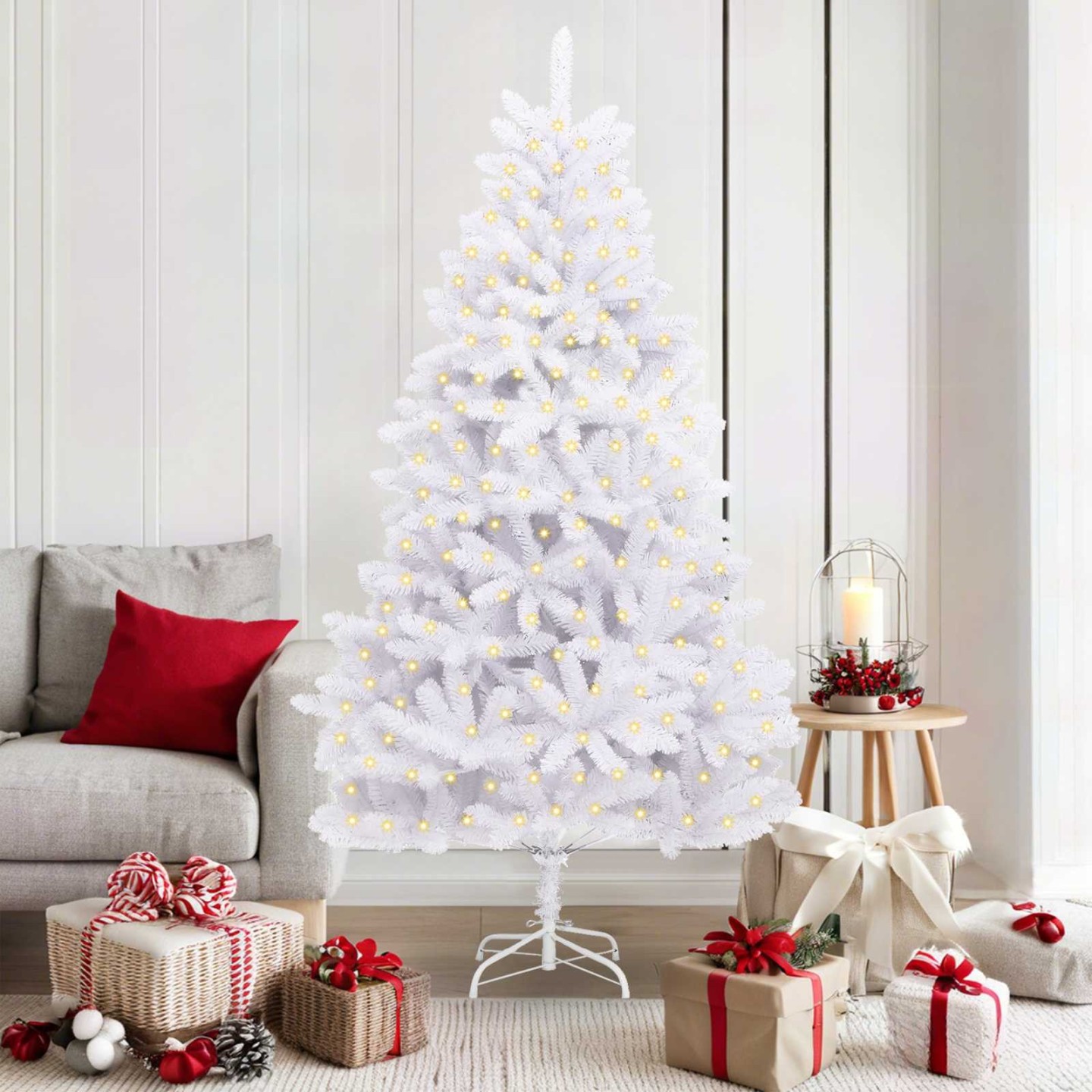Sapin de Noël artificiel 300 LED PVC et Acier Blanc