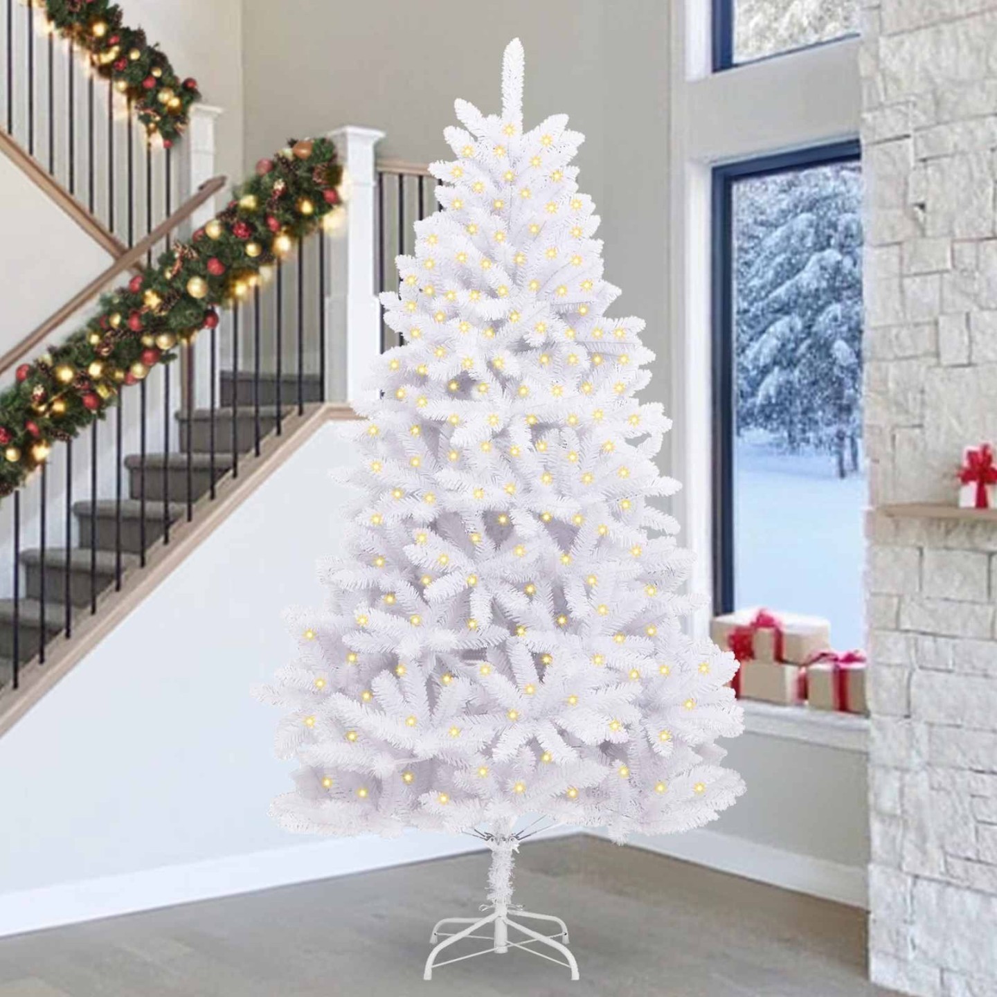 Sapin de Noël artificiel 300 LED PVC et Acier Blanc
