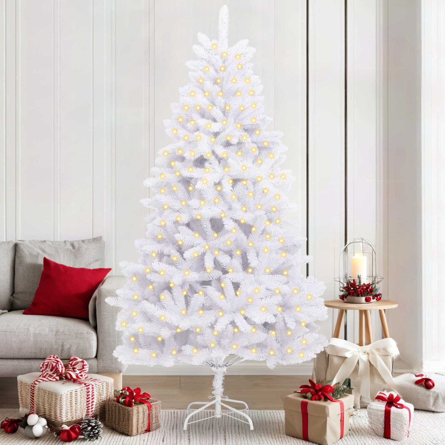 Sapin de Noël artificiel 300 LED PVC et Acier Blanc