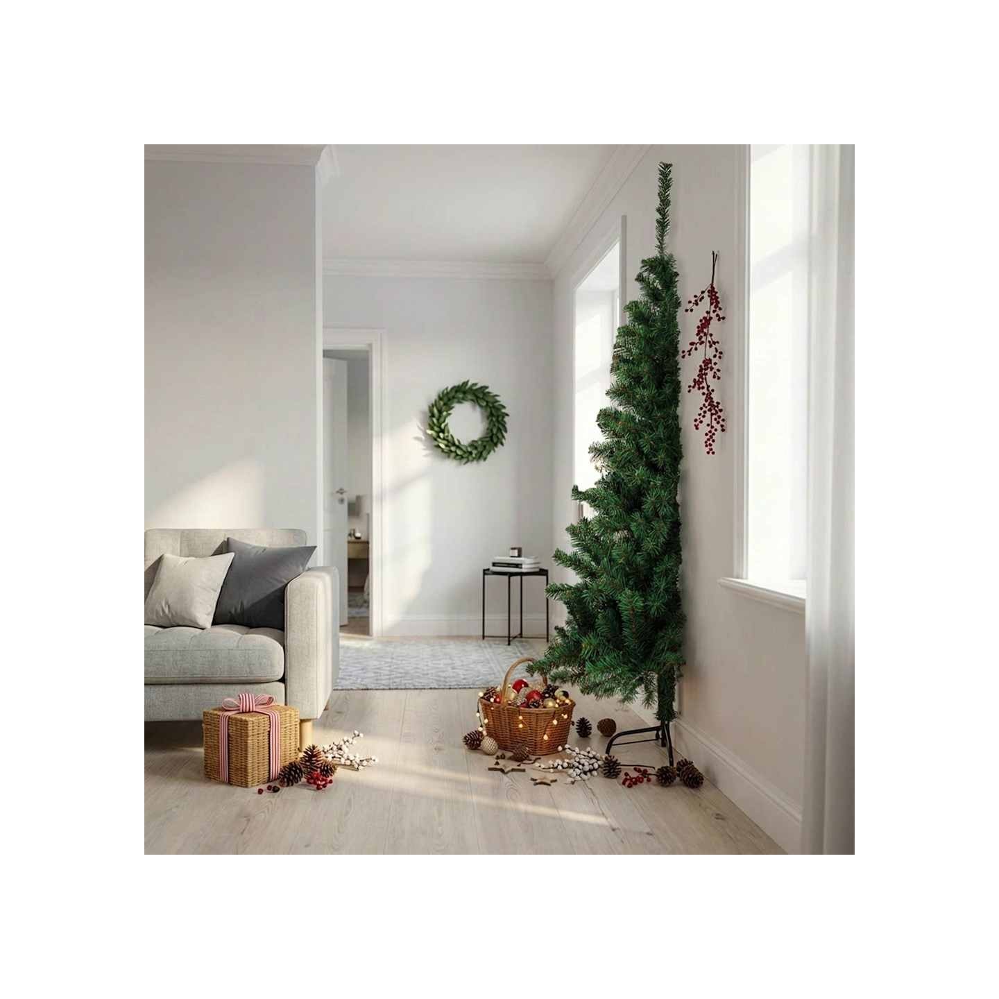 Sapin de Noël artificiel moitié avec support vert 210 cm PVC