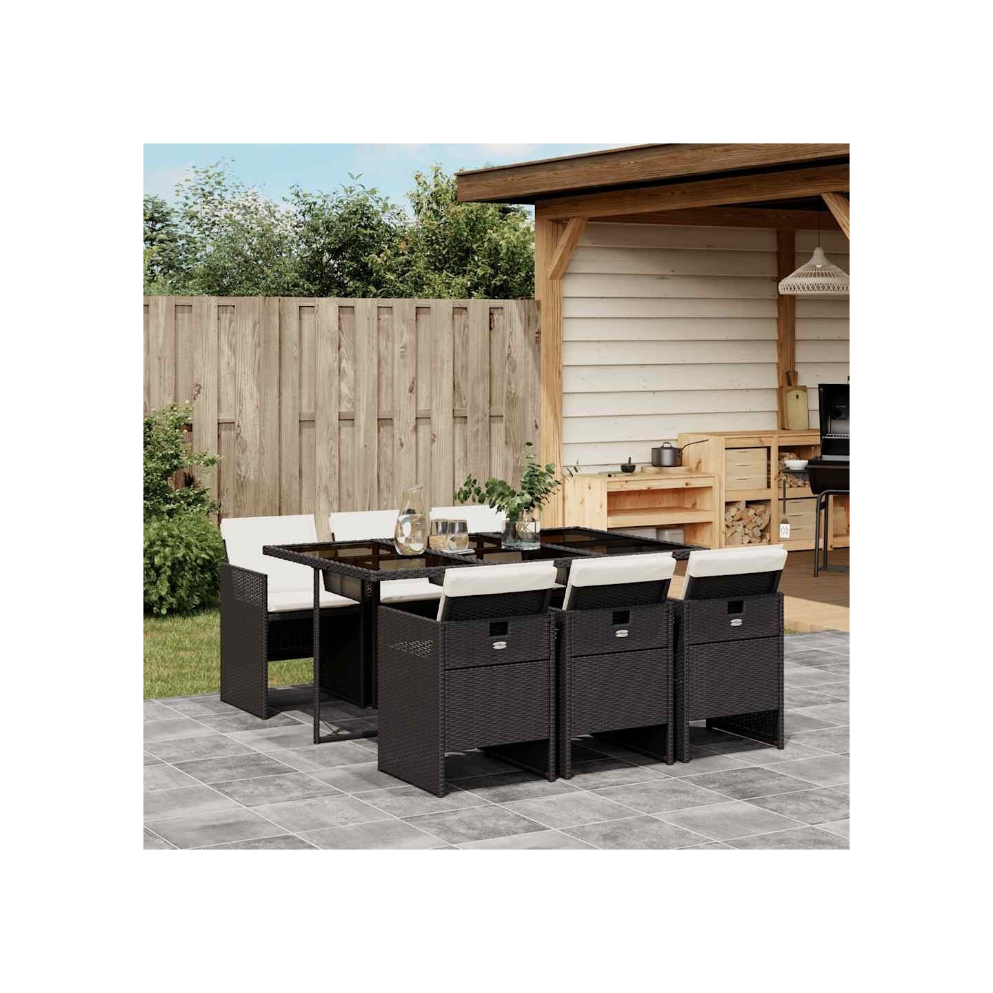 Ensemble à manger de jardin coussins 7pcs Noir Résine tressée
