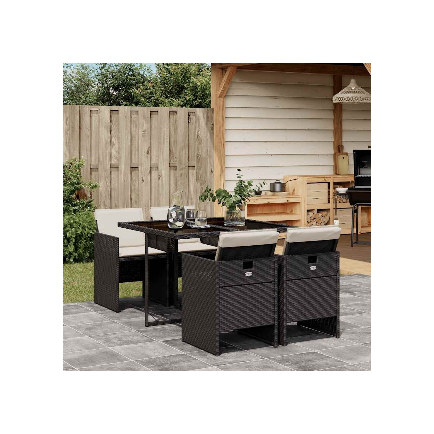 Ensemble à manger de jardin coussins 5pcs Noir Résine tressée