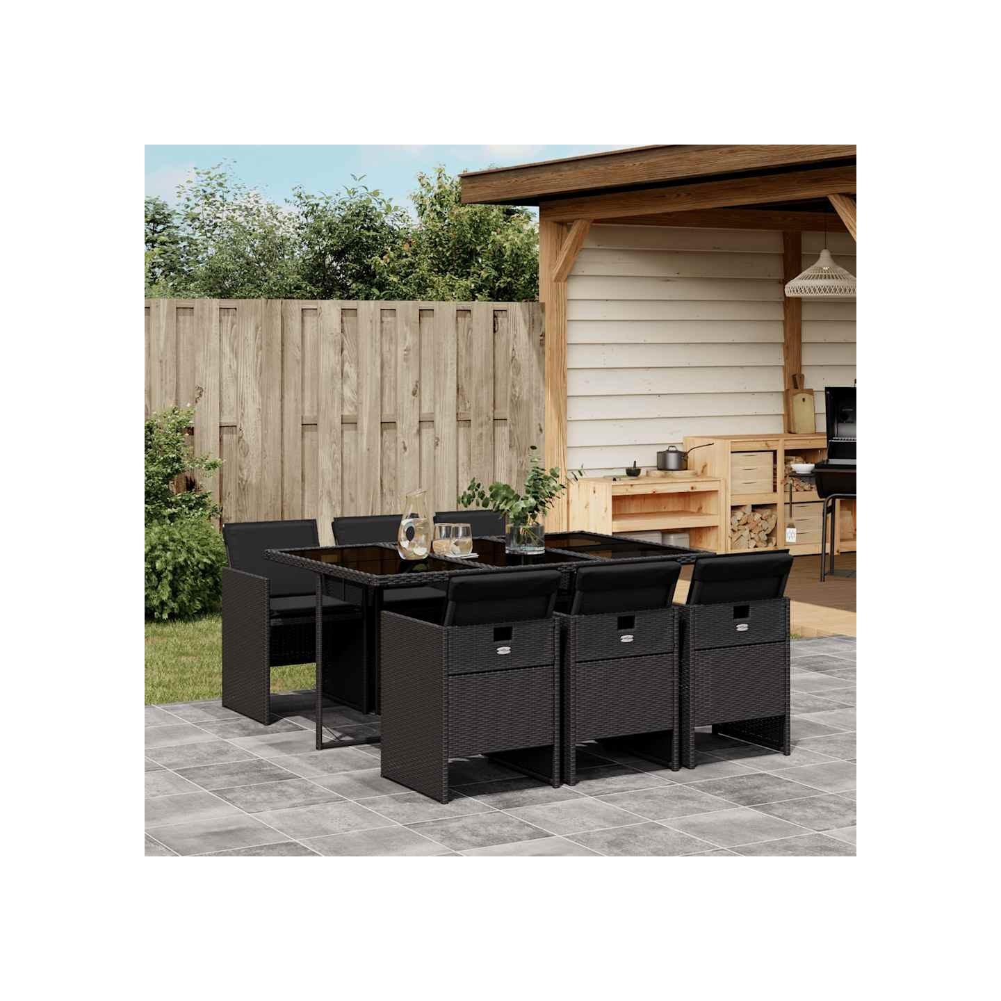 Ensemble à manger de jardin coussins 7pcs Noir Résine tressée