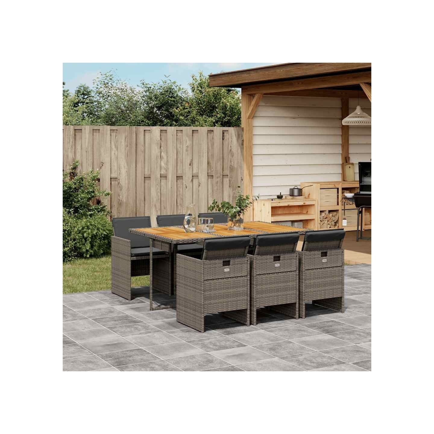 Ensemble à manger de jardin et coussins 7 pcs gris rotin