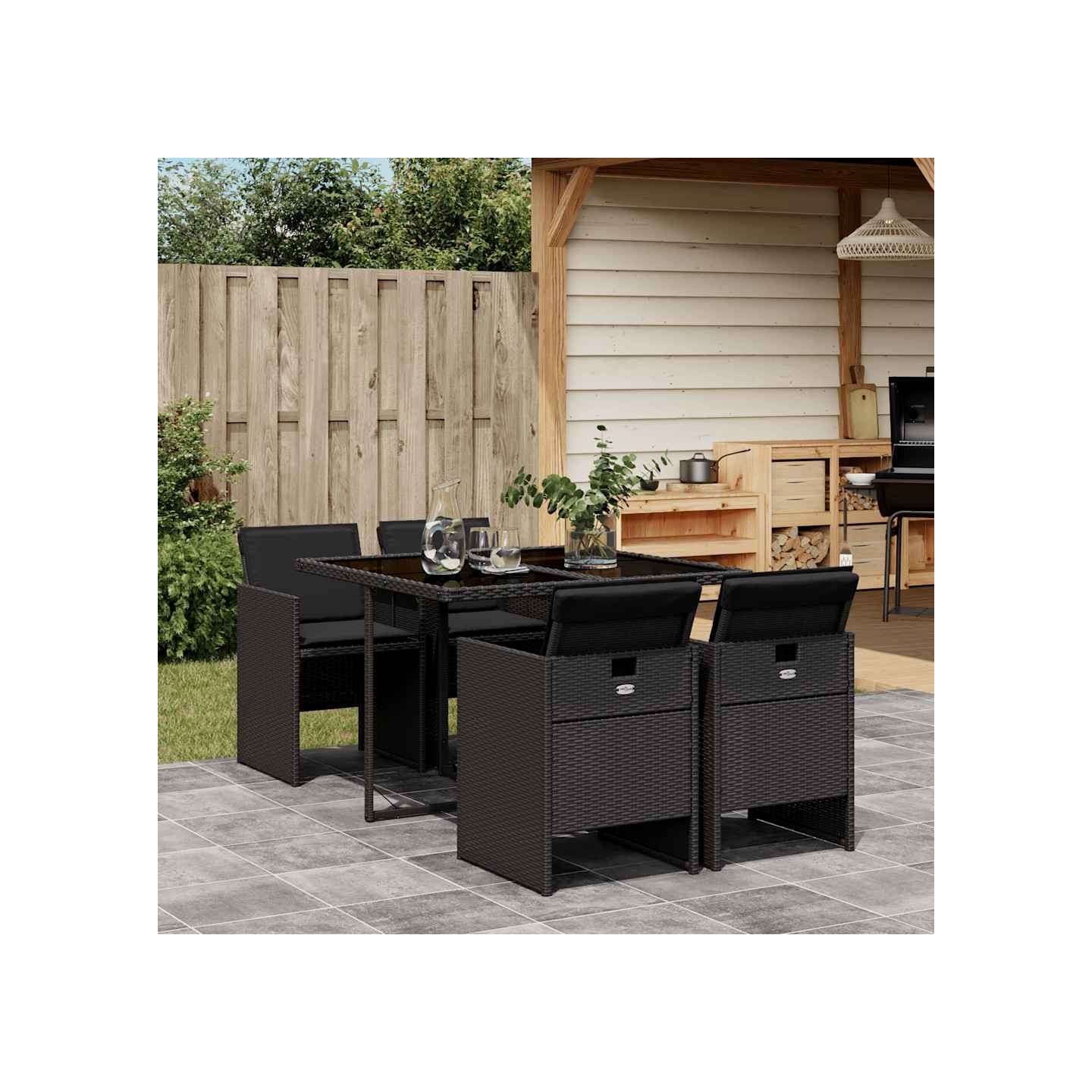 Ensemble à manger de jardin coussins 5pcs Noir Résine tressée