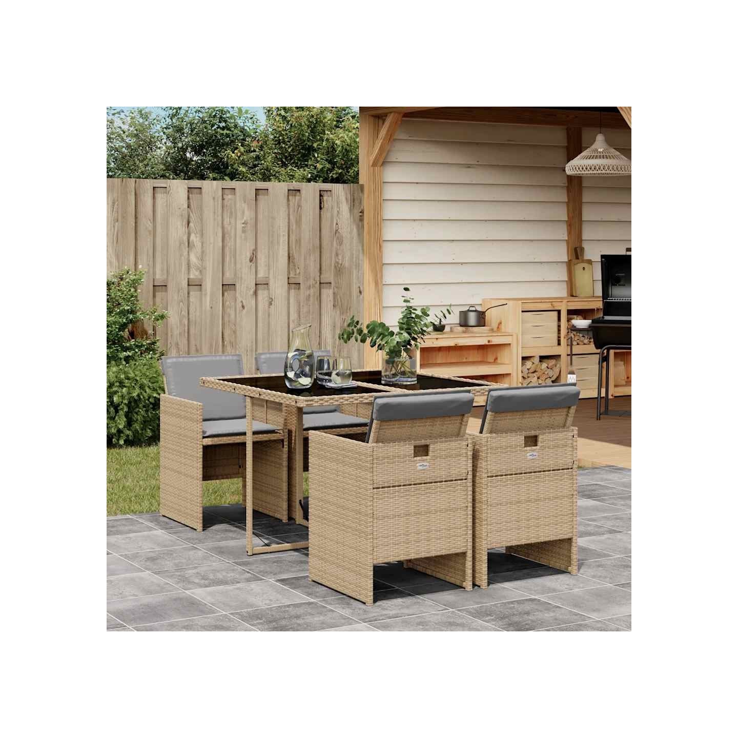 Ensemble à manger de jardin coussins 5 pcs mélange beige rotin