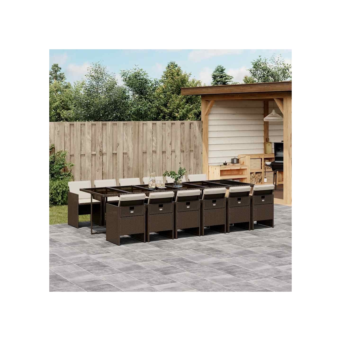 Ensemble à manger de jardin avec coussins 13 pcs marron rotin