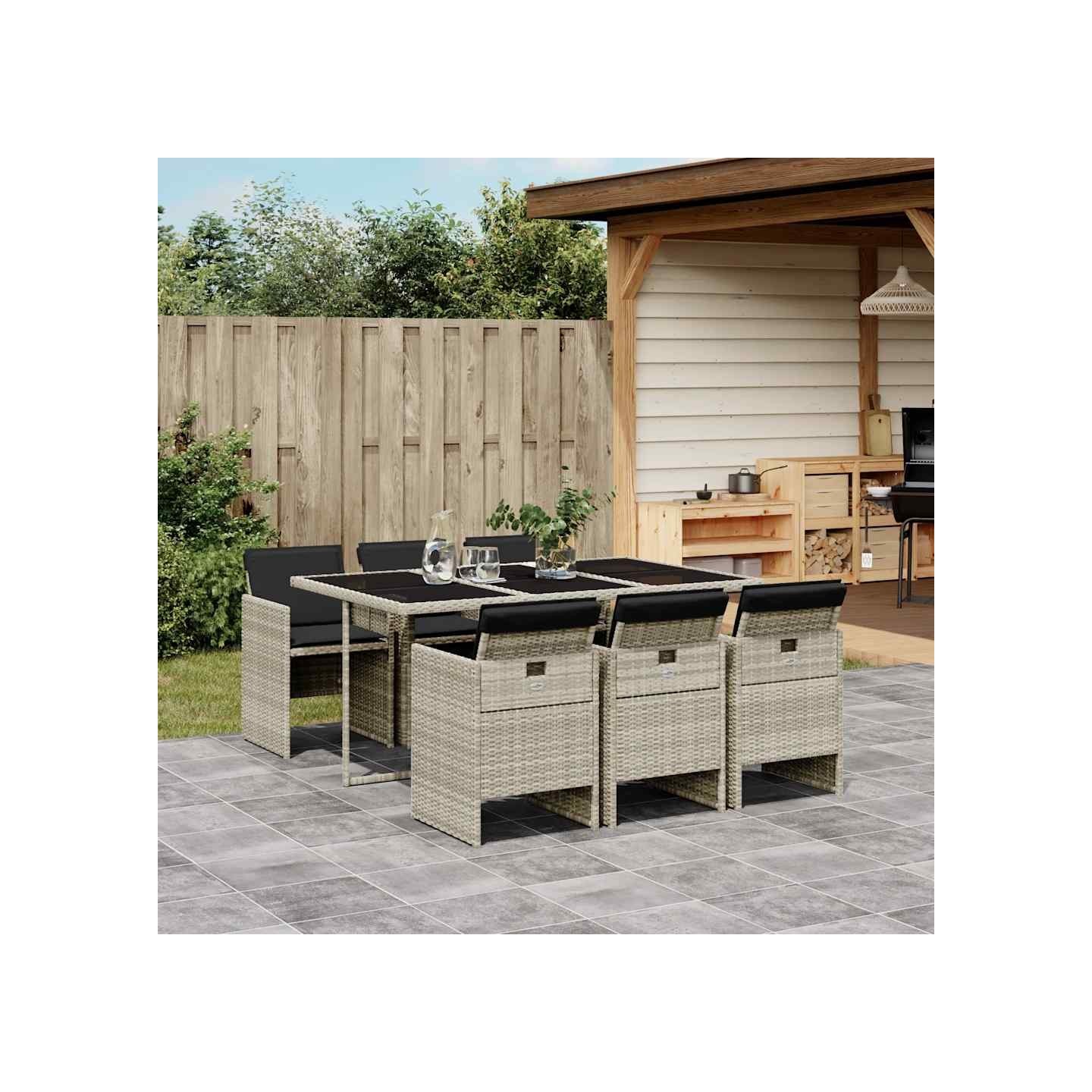 Ensemble à manger de jardin et coussins 7 pcs gris clair rotin
