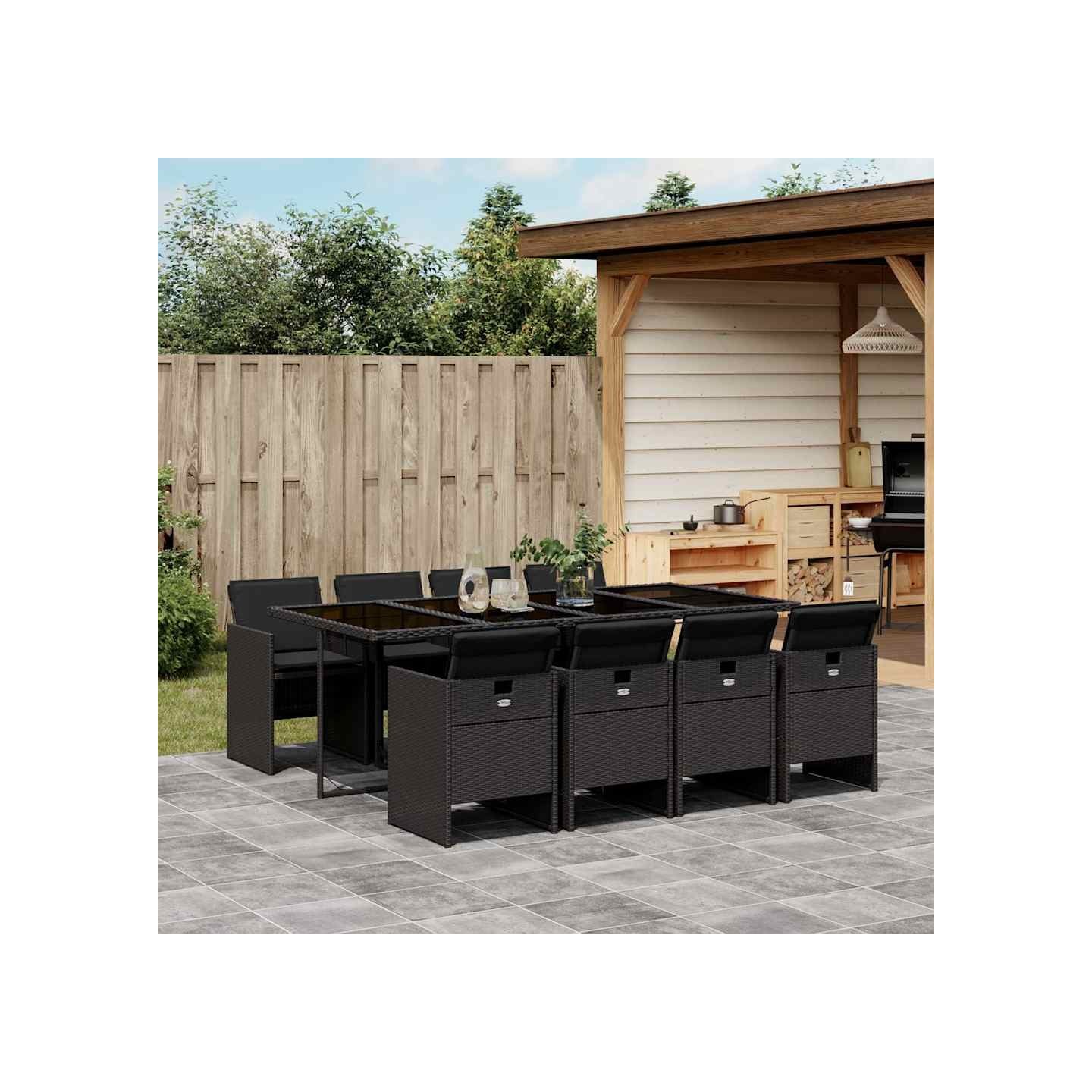 Ensemble à manger de jardin 9pcs coussins noir résine tressée