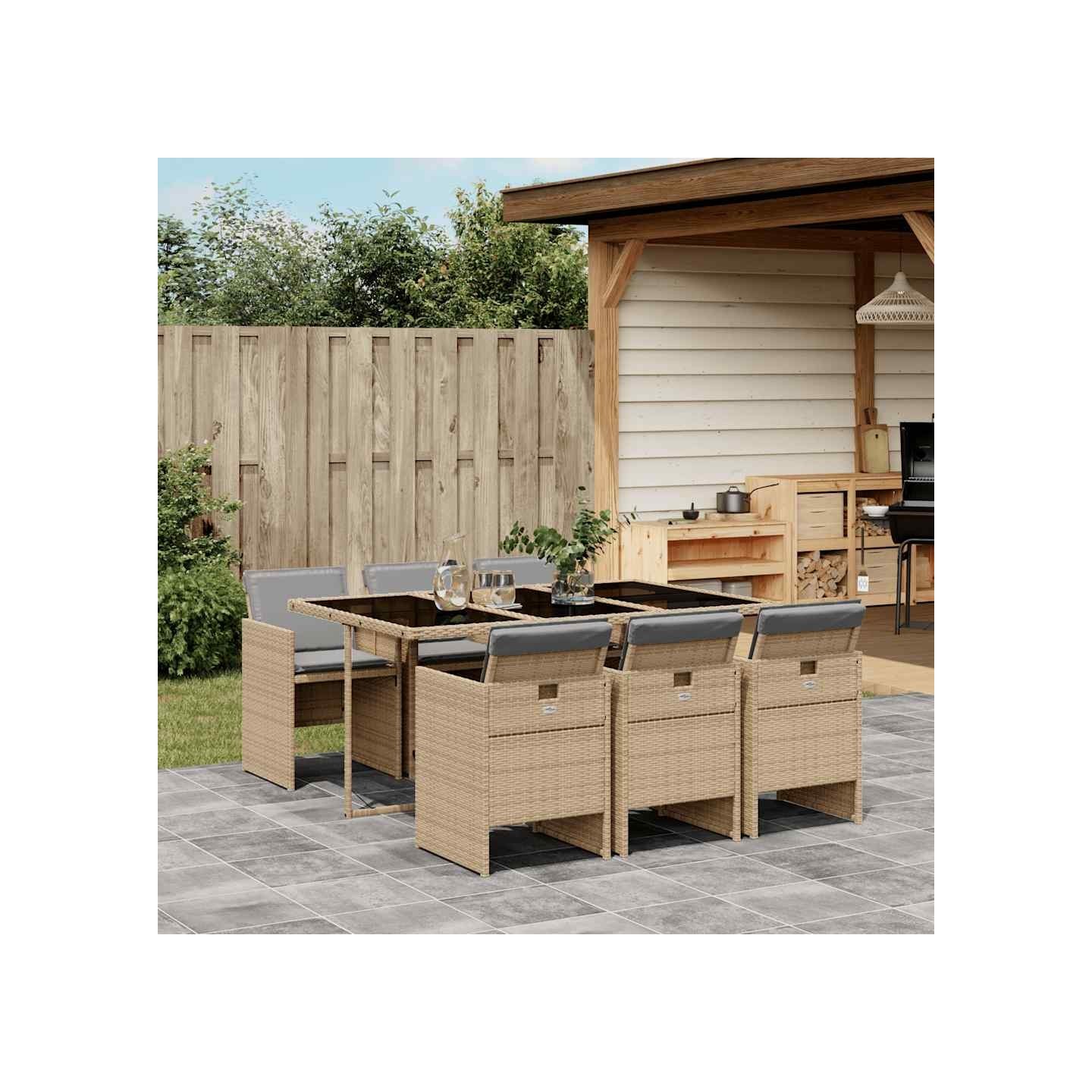 Ensemble à manger de jardin coussins 7 pcs mélange beige rotin