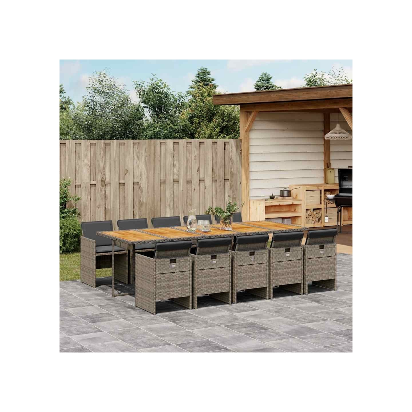 Ensemble à manger de jardin 11pcs avec coussins gris poly rotin