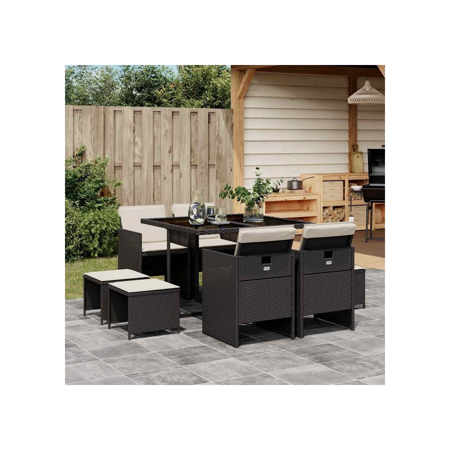Ensemble à manger jardin 9pcs et coussins noir résine tressée