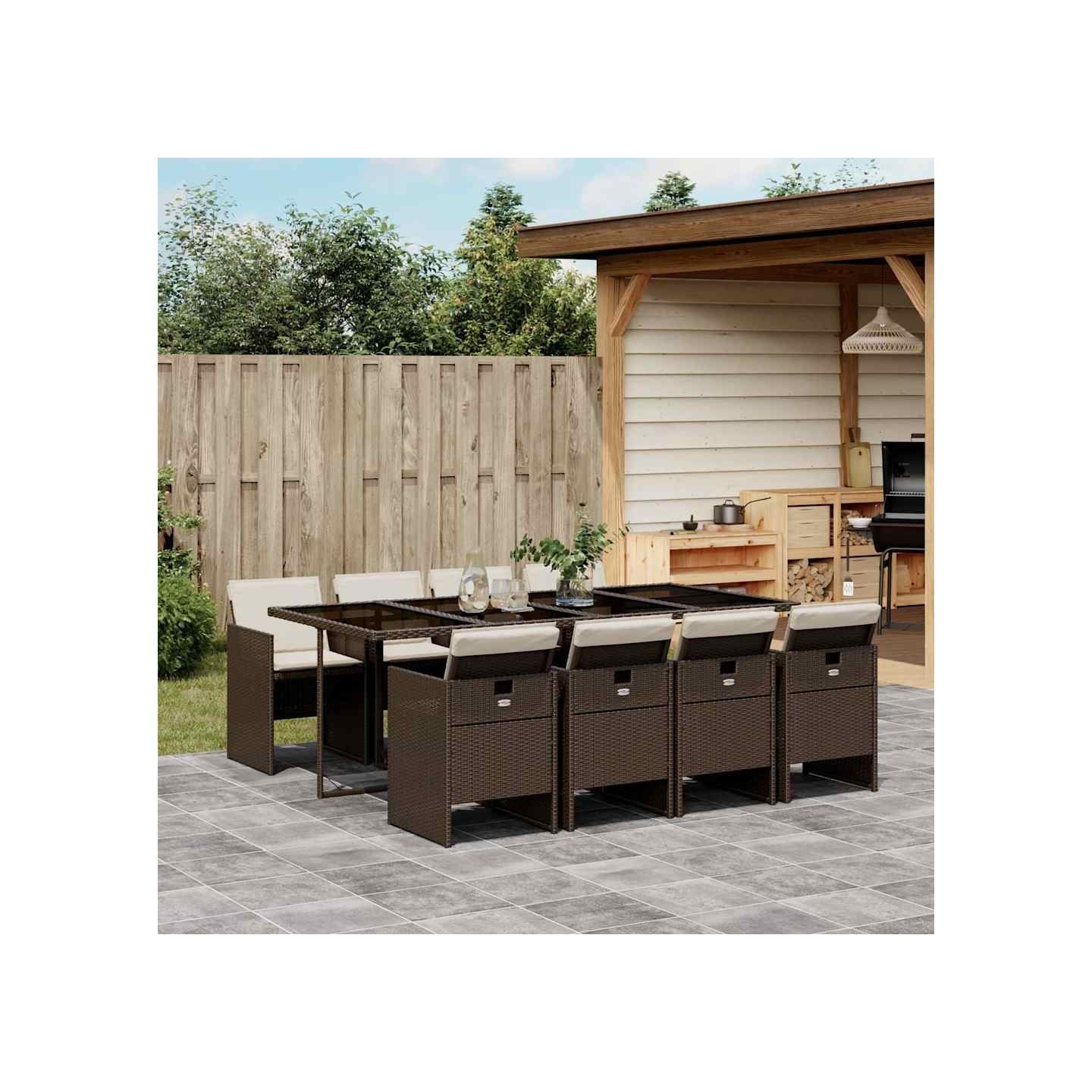 Ensemble à manger de jardin et coussins 9 pcs marron poly rotin