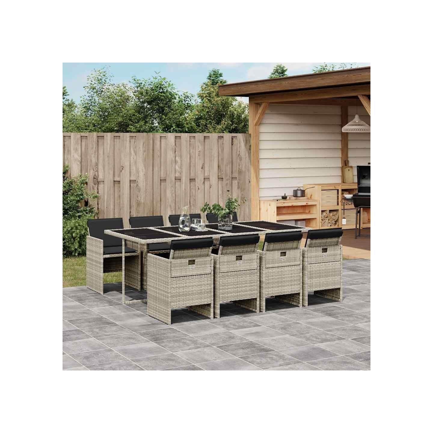 Ensemble à manger de jardin et coussins 9 pcs gris clair rotin