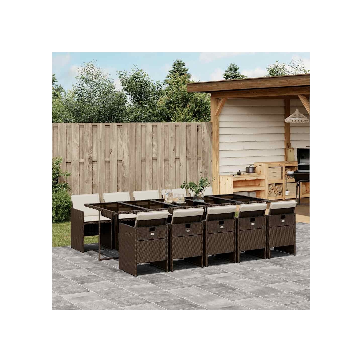 Ensemble à manger de jardin et coussins 11 pcs marron rotin