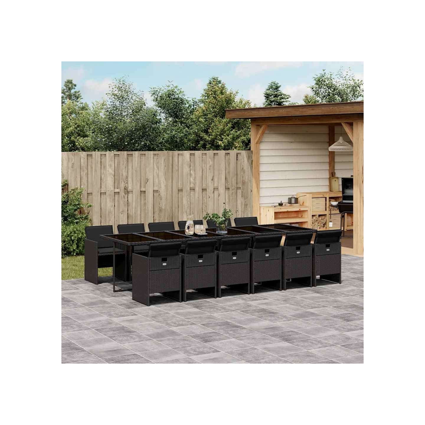Ensemble à manger de jardin 13 pcs coussins noir résine tressée