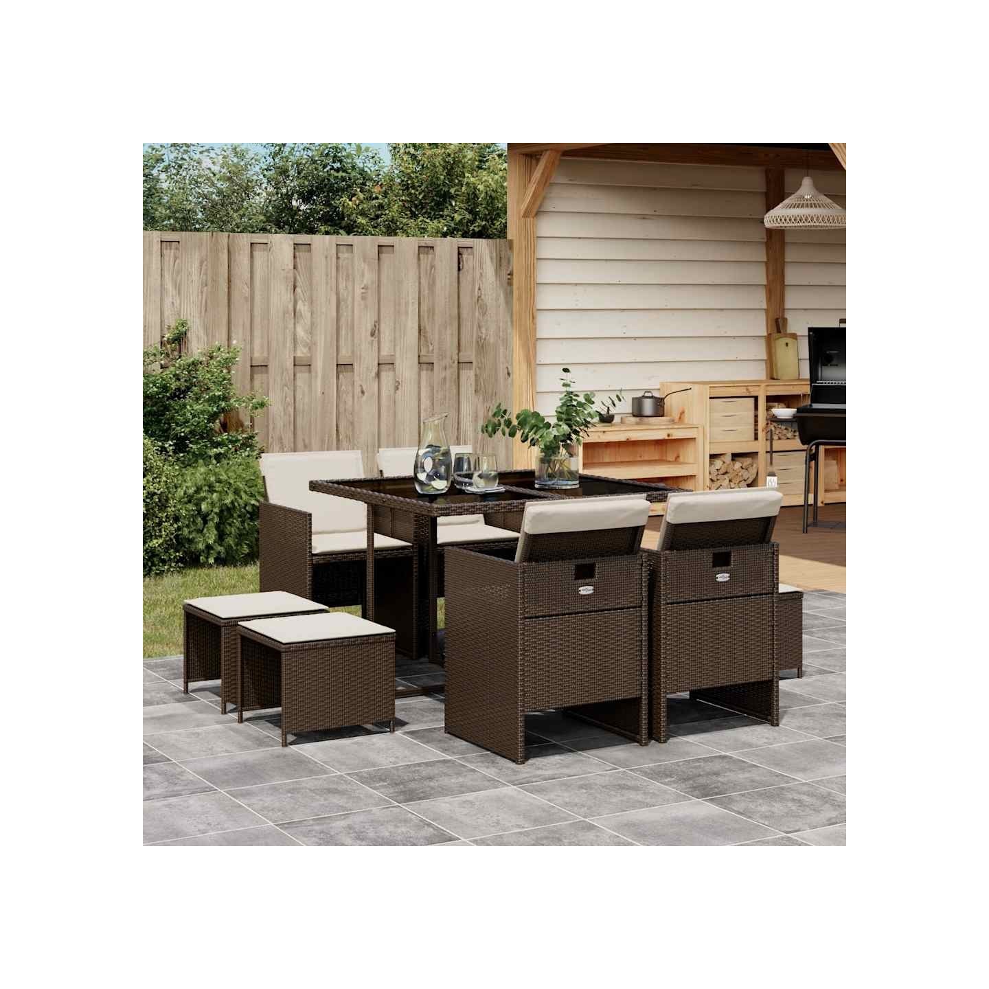 Ensemble à manger de jardin et coussins 9 pcs marron poly rotin