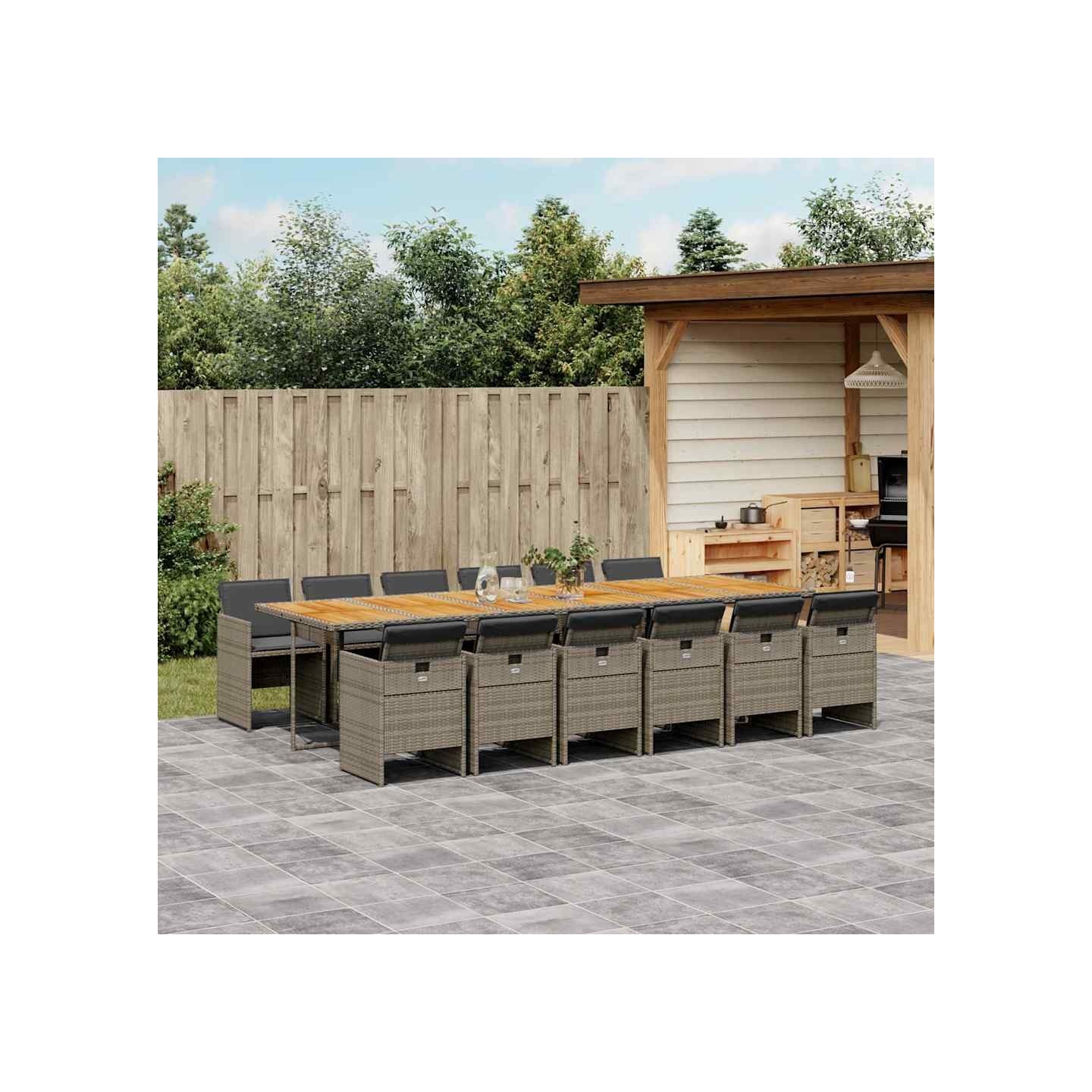 Ensemble à manger de jardin coussins 13 pcs gris résine tressée