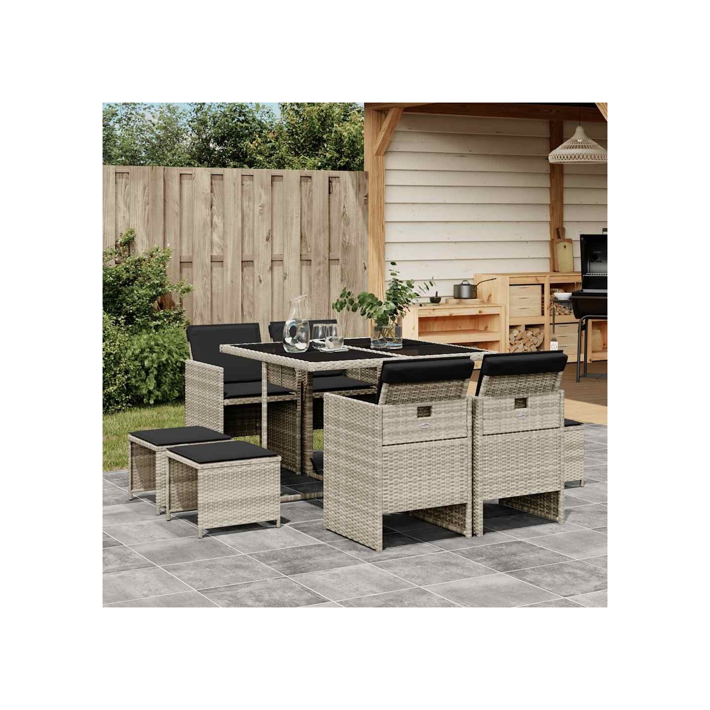 Ensemble à manger de jardin et coussins 9 pcs gris clair rotin