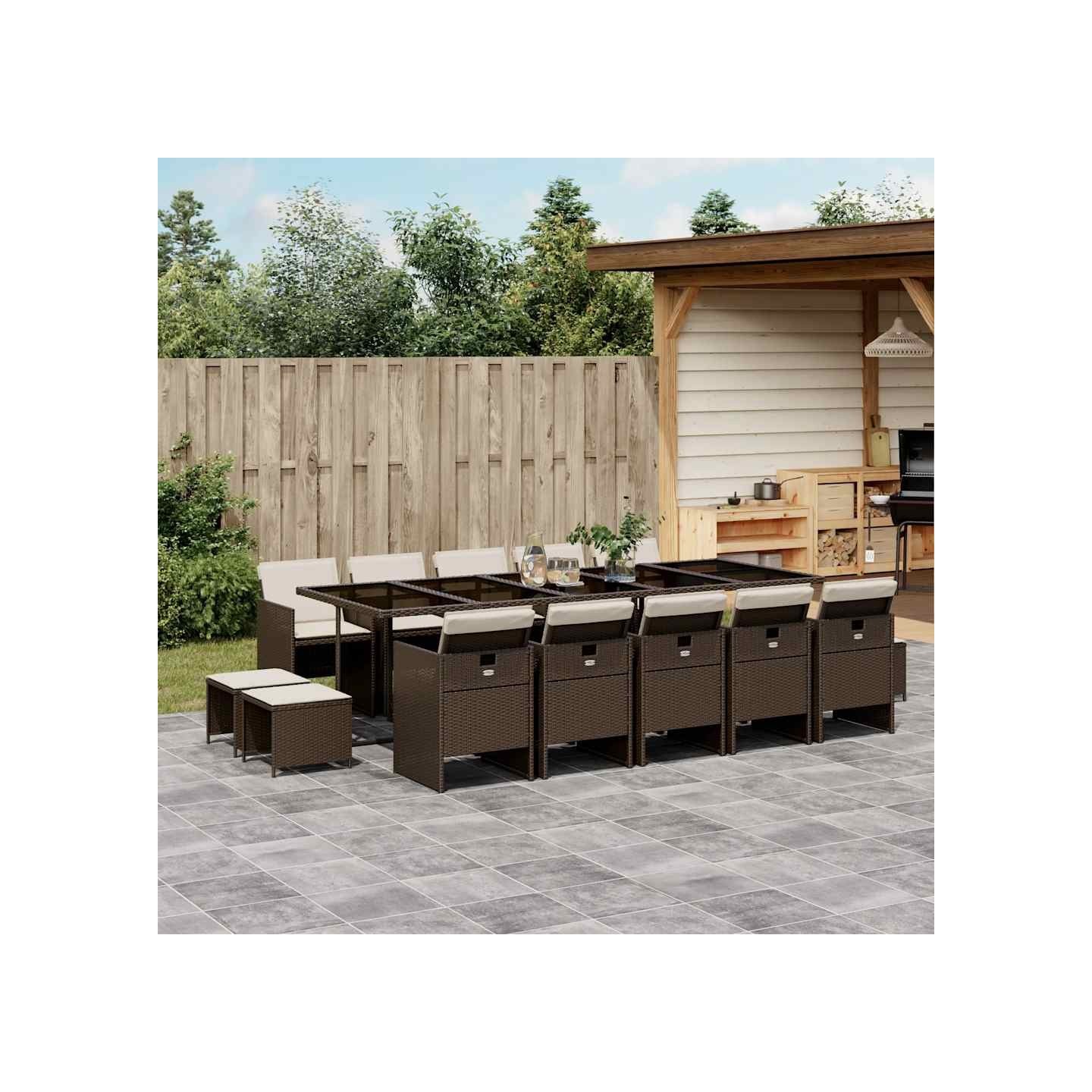 Ensemble à manger de jardin avec coussins 15 pcs marron rotin