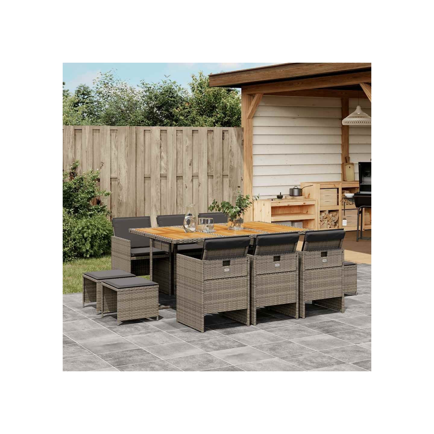 Ensemble à manger de jardin 11pcs avec coussins gris poly rotin